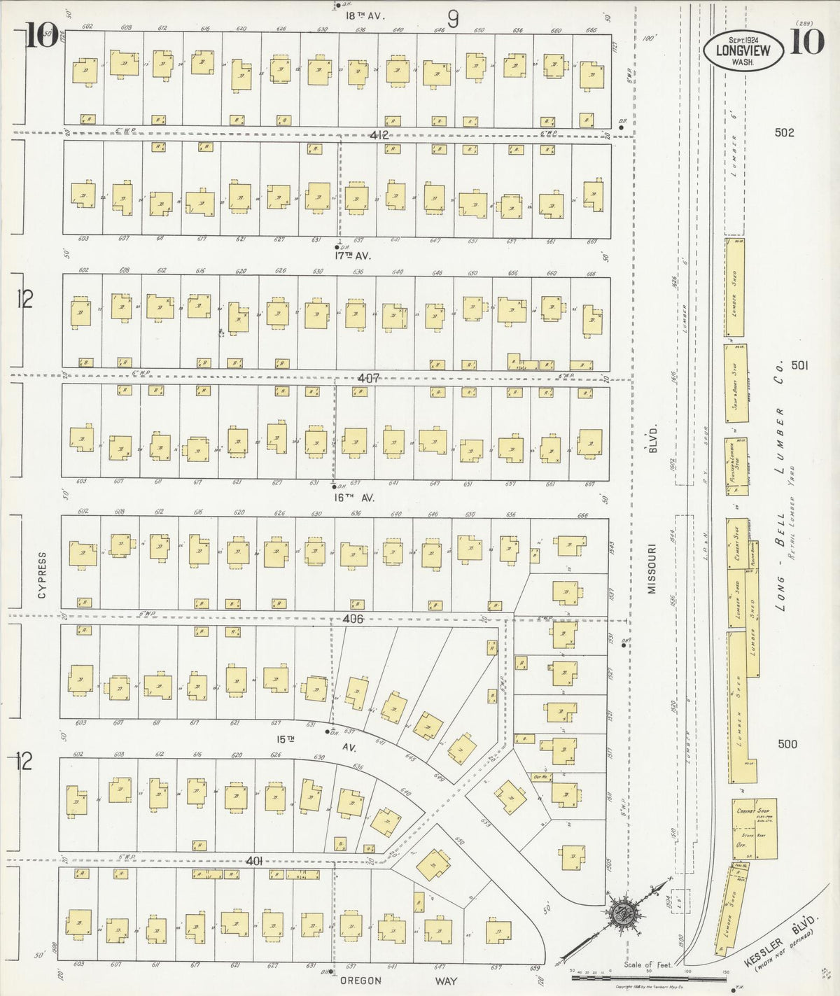 Sanborn Fire Insurance Map from Longview, Cowlitz County, Washington (1924), Sheet #0010 - Historic Sanborn Fire Insurance Map Print, vintage old map wall art, antique decor, genealogy gift, Washington Washington map