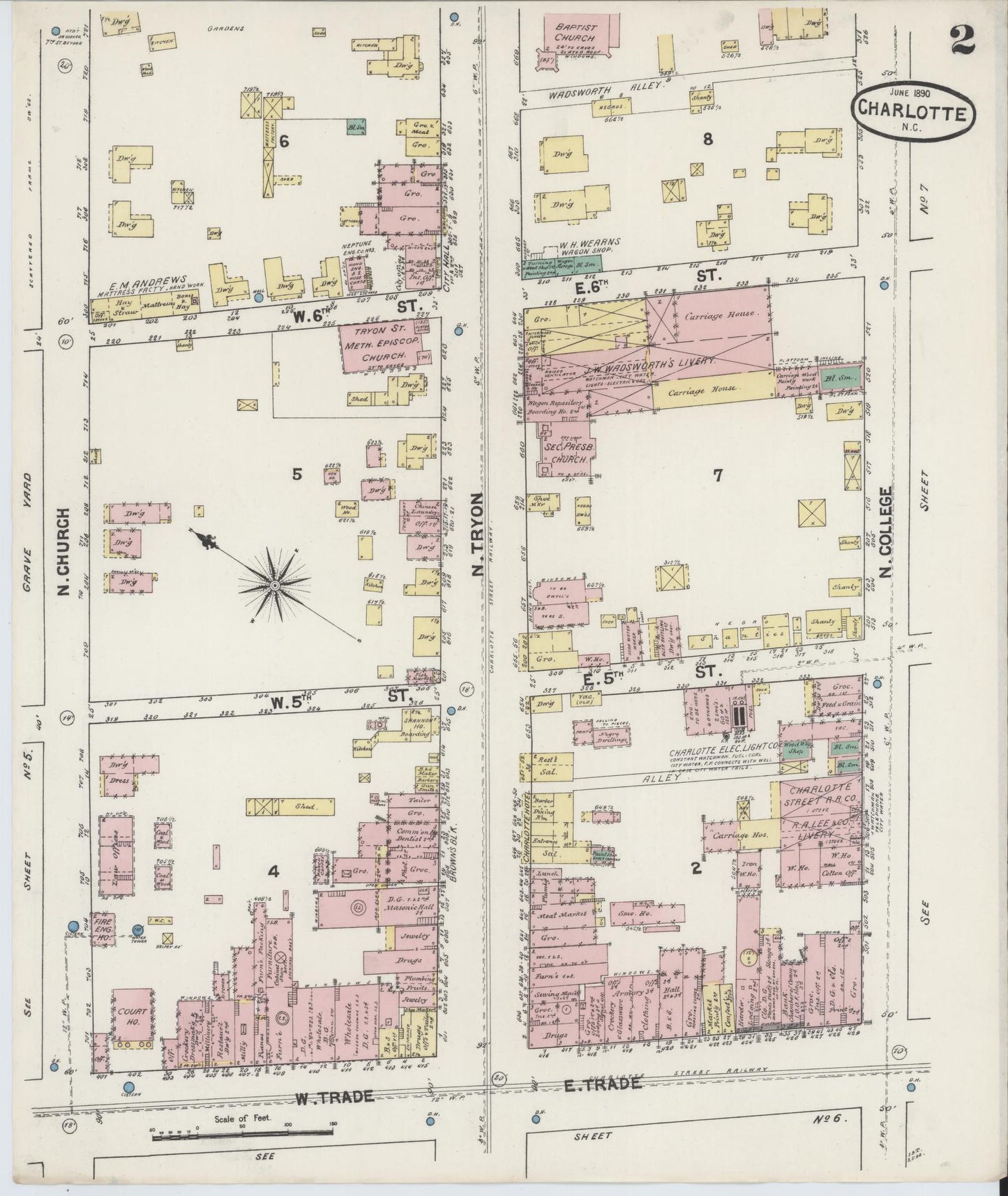 Sanborn Fire Insurance Map from Charlotte, Mecklenburg County, North Carolina (1890), Sheet #0002 - Historic Sanborn Fire Insurance Map Print, vintage old map wall art, antique decor, genealogy gift, North Carolina North Carolina map