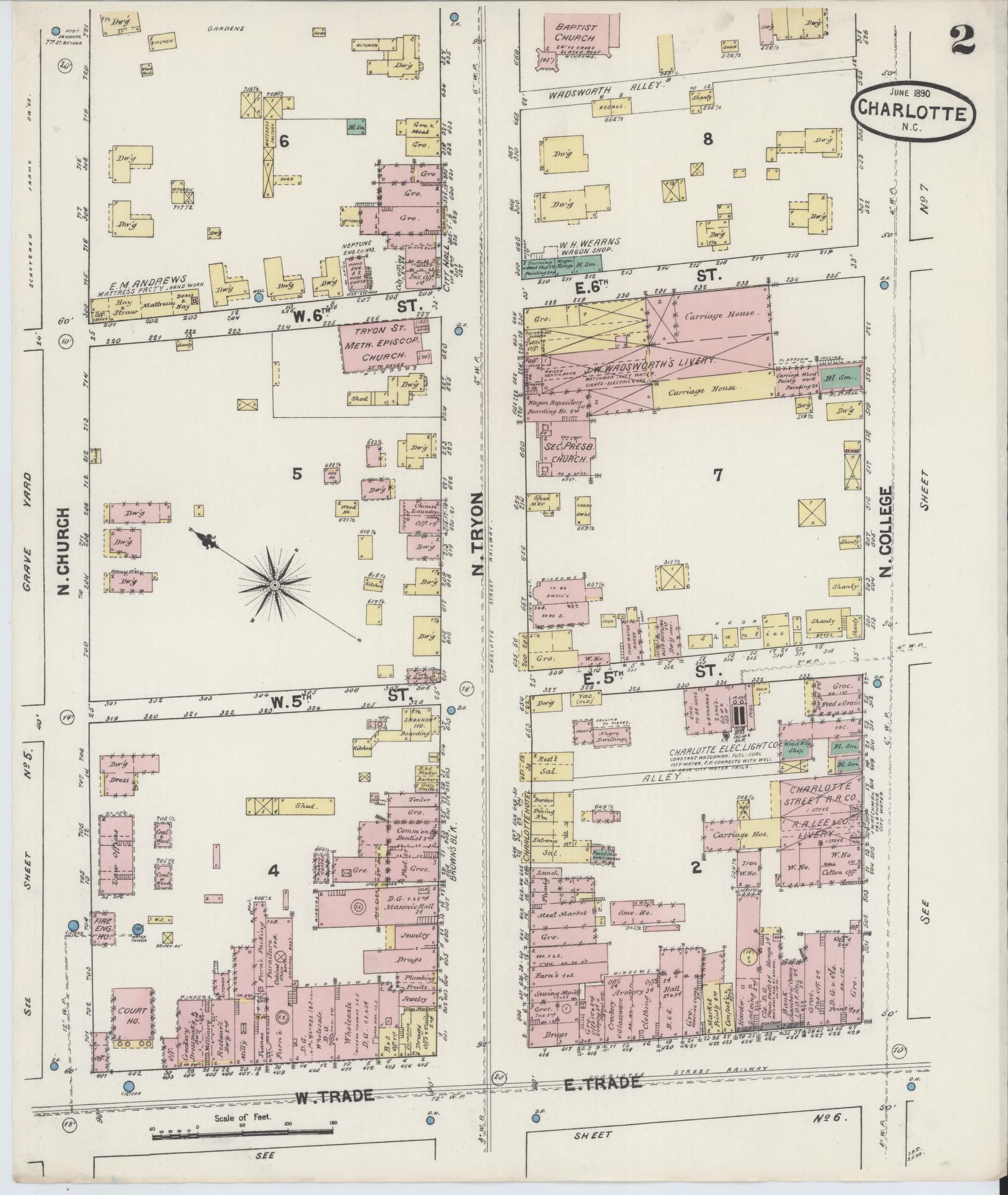 Sanborn Fire Insurance Map from Charlotte, Mecklenburg County, North Carolina (1890), Sheet #0002 - Historic Sanborn Fire Insurance Map Print, vintage old map wall art, antique decor, genealogy gift, North Carolina North Carolina map