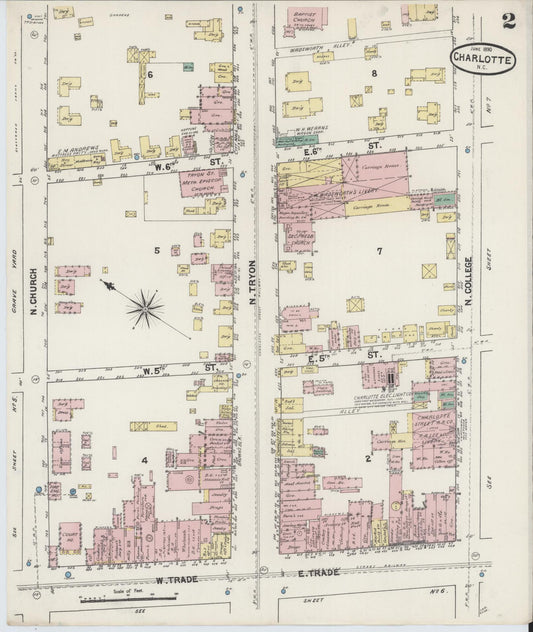 Sanborn Fire Insurance Map from Charlotte, Mecklenburg County, North Carolina (1890), Sheet #0002 - Historic Sanborn Fire Insurance Map Print, vintage old map wall art, antique decor, genealogy gift, North Carolina North Carolina map
