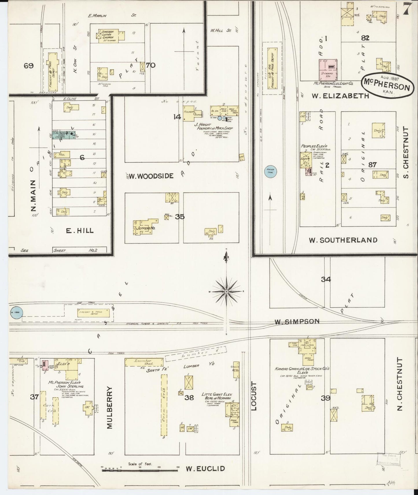 Sanborn Fire Insurance Map from Mcpherson, Mcpherson County, Kansas (1887), Sheet #0007 - Complete Map Set gallery image, historic Sanborn map, vintage wall art, Kansas Kansas