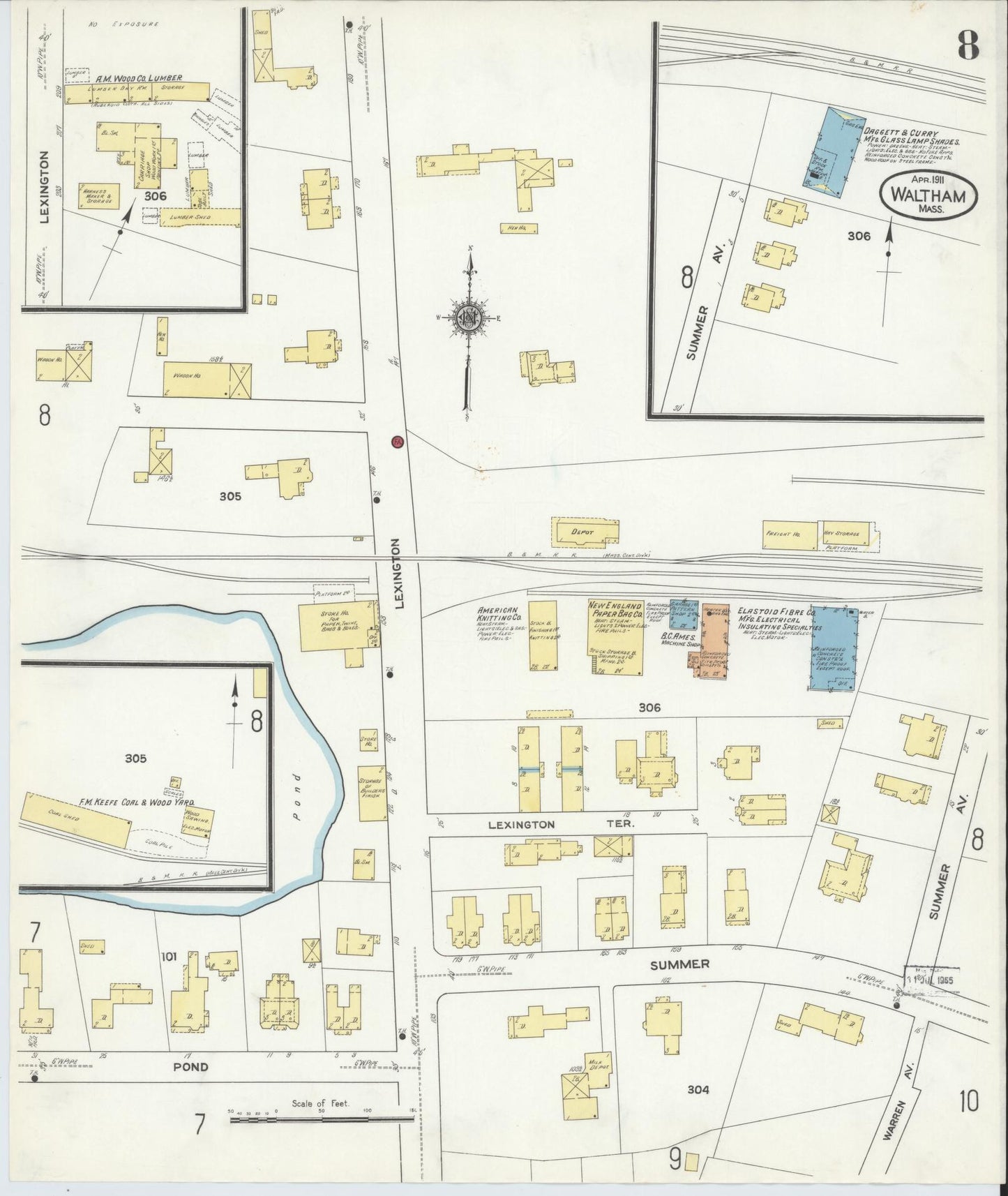 Sanborn Fire Insurance Map from Waltham, Middlesex County, Massachusetts (1911), Sheet #0008 - Historic Sanborn Fire Insurance Map Print, vintage old map wall art, antique decor, genealogy gift, Massachusetts Massachusetts map