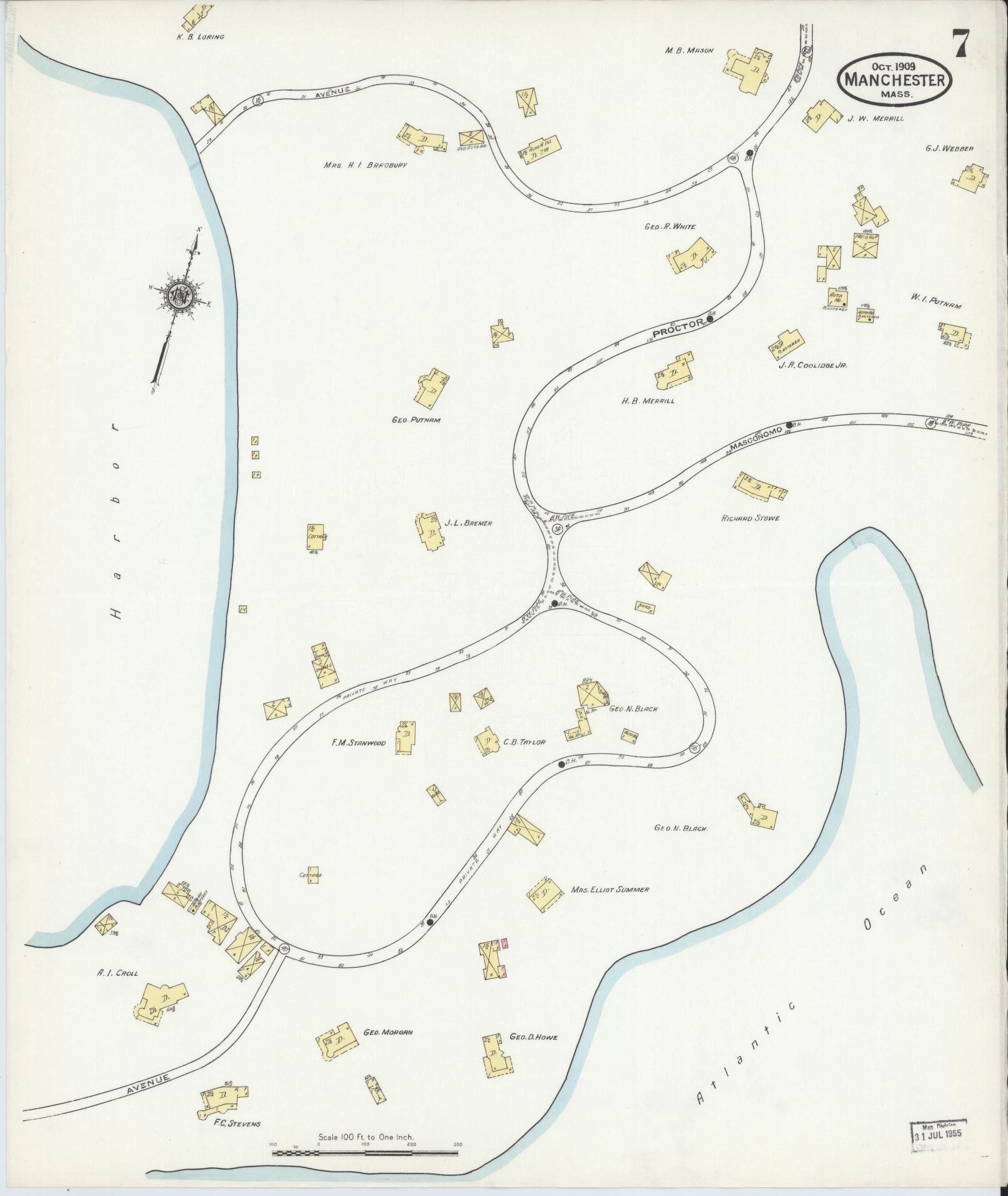 Sanborn Fire Insurance Map from Manchester, Essex County, Massachusetts (1909), Sheet #0007 - Historic Sanborn Fire Insurance Map Print, vintage old map wall art, antique decor, genealogy gift, Massachusetts Massachusetts map