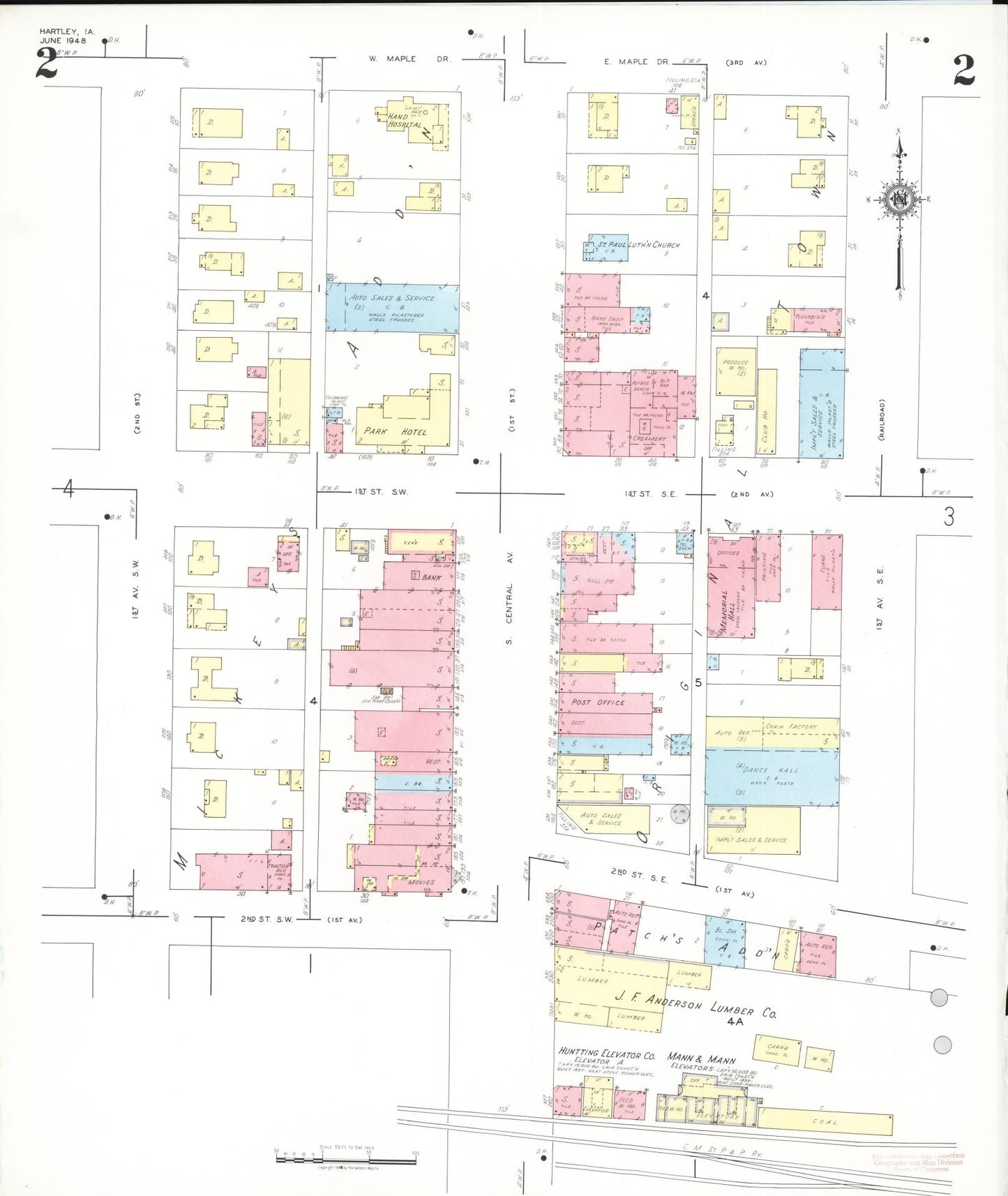 Sanborn Fire Insurance Map from Hartley, O'Brien County, Iowa (1948), Sheet #0002 - Historic Sanborn Fire Insurance Map Print, vintage old map wall art