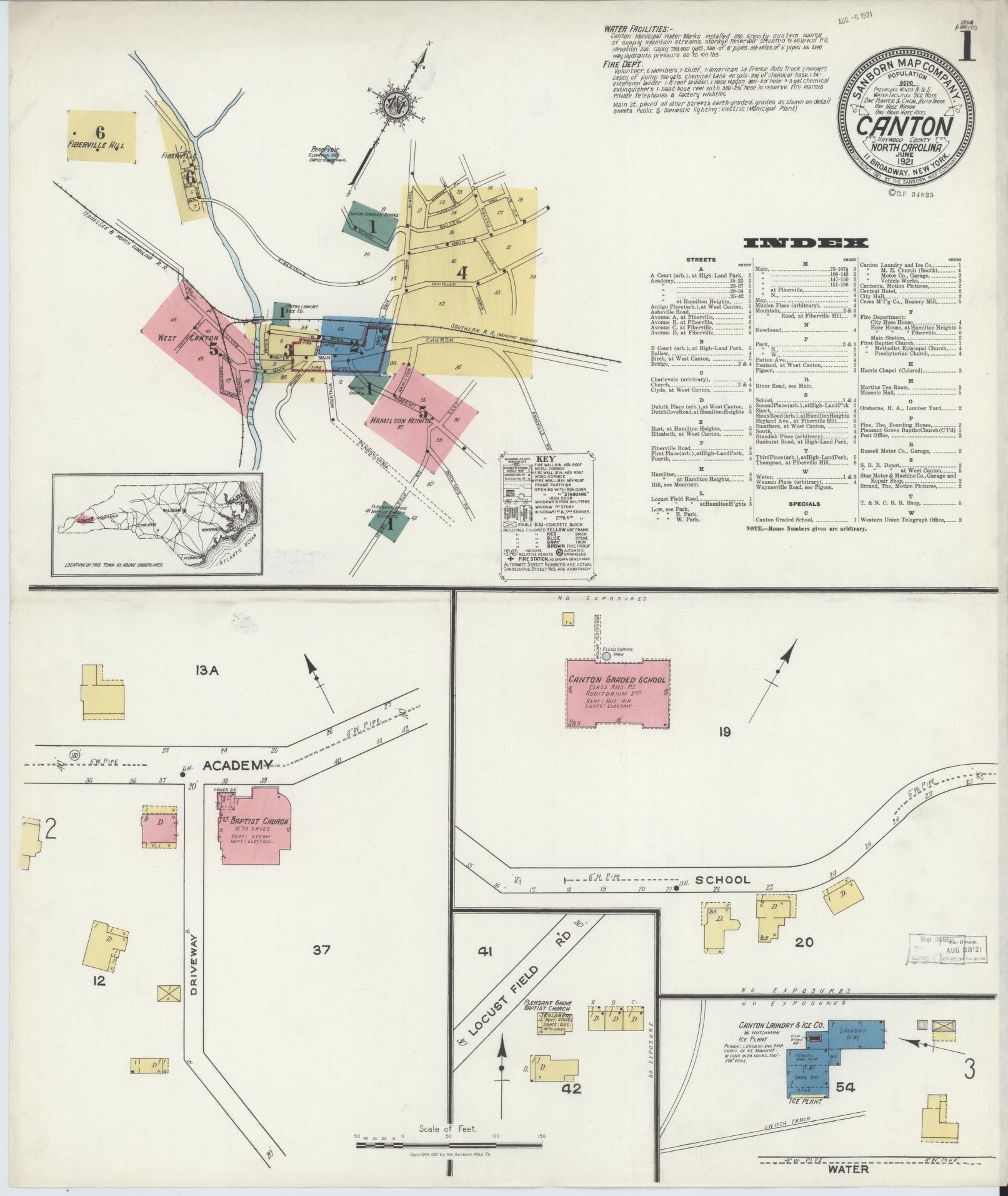 Sanborn Fire Insurance Map from Canton, Haywood County, North Carolina (1921), Sheet #0001 - Complete Map Set gallery image, historic Sanborn map, vintage wall art, North Carolina North Carolina