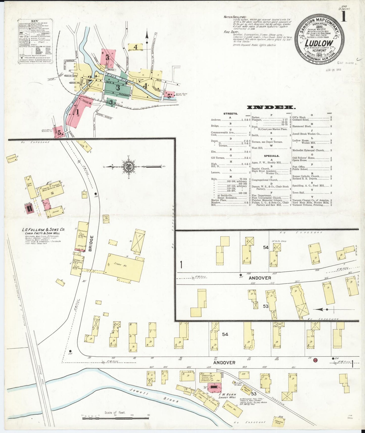 Sanborn Fire Insurance Map from Ludlow, Windsor County, Vermont (1912), Sheet #0001 - Complete Map Set gallery image, historic Sanborn map, vintage wall art, Vermont Vermont