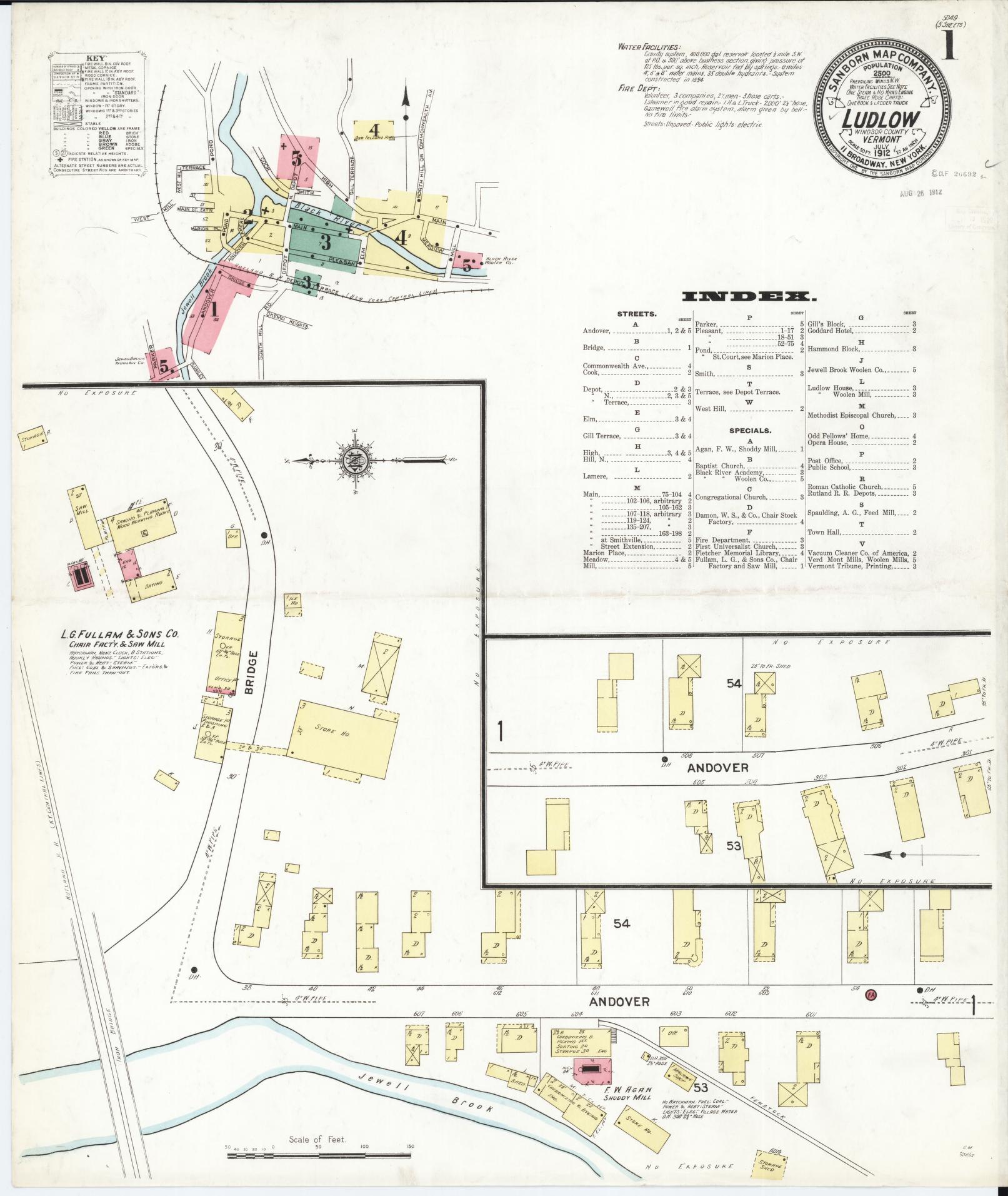 Sanborn Fire Insurance Map from Ludlow, Windsor County, Vermont (1912), Sheet #0001 - Complete Map Set gallery image, historic Sanborn map, vintage wall art, Vermont Vermont
