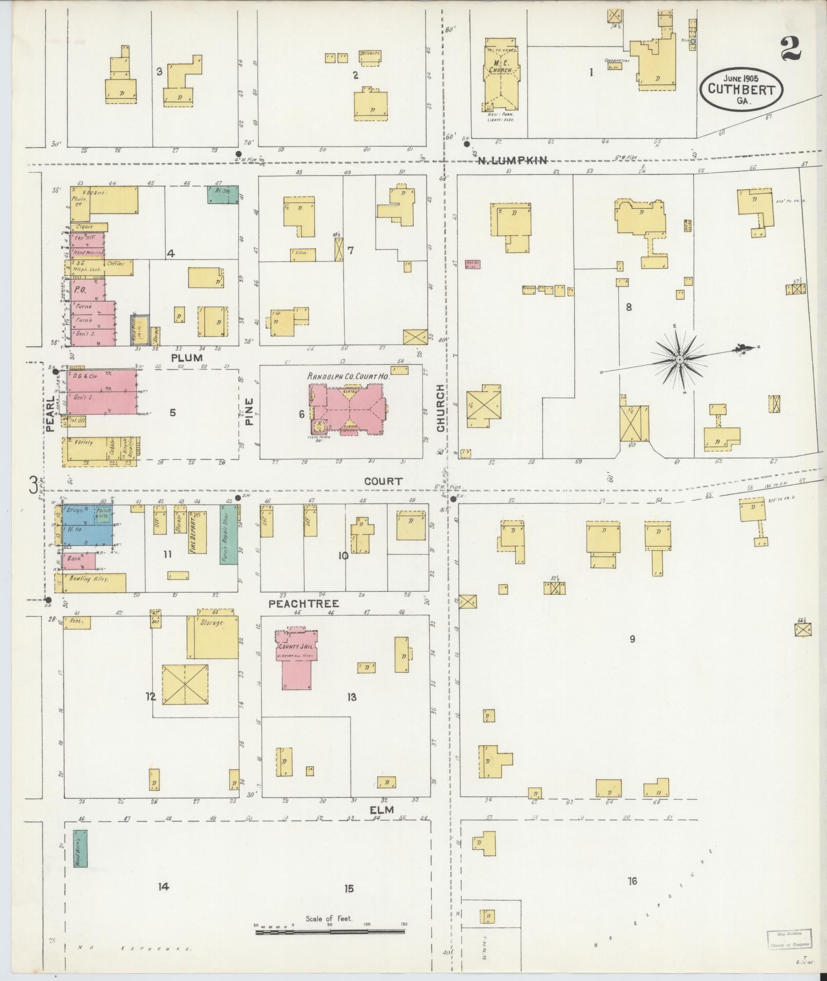 Sanborn Fire Insurance Map from Cuthbert, Randolph County, Georgia (1905), Sheet #0002 - Historic Sanborn Fire Insurance Map Print, vintage old map wall art, antique decor, genealogy gift, Georgia Georgia map