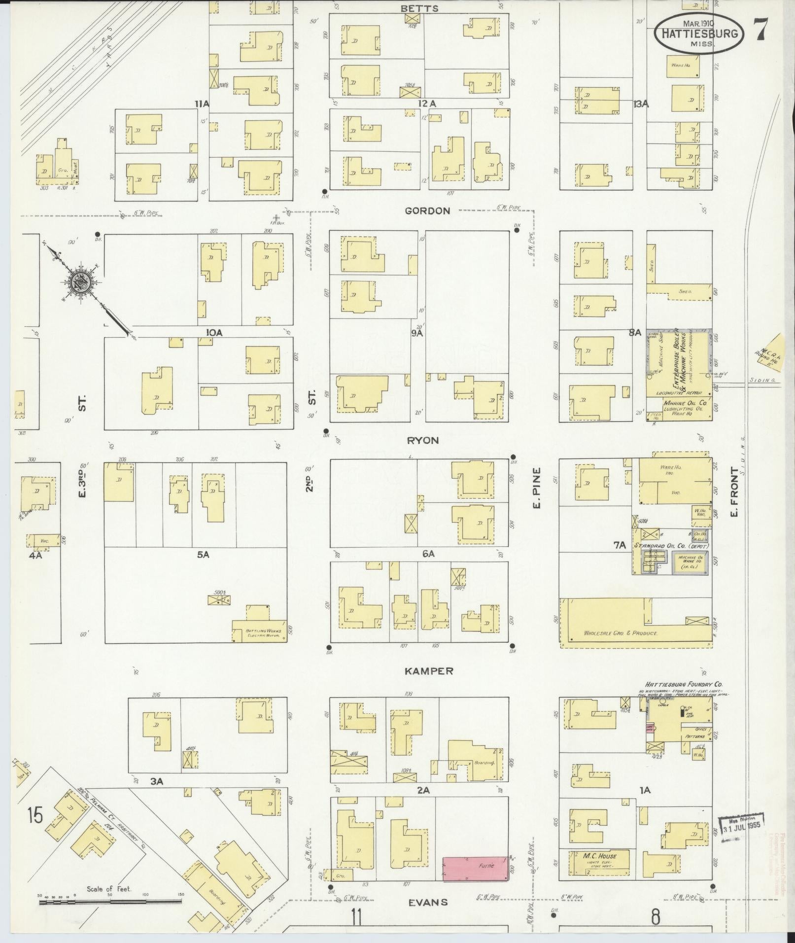 Sanborn Fire Insurance Map from Hattiesburg, Forrest County, Mississippi (1910), Sheet #0007 - Complete Map Set gallery image, historic Sanborn map, vintage wall art, Mississippi Mississippi