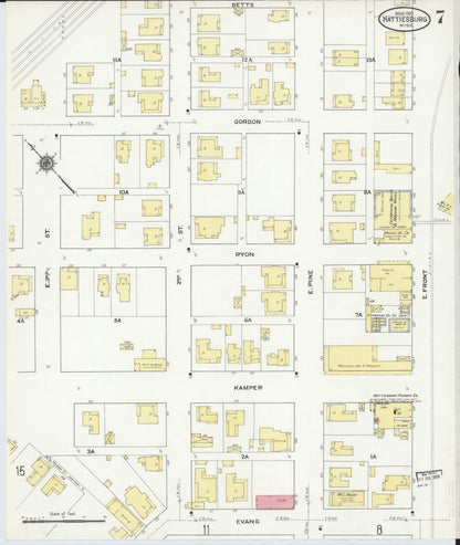 Sanborn Fire Insurance Map from Hattiesburg, Forrest County, Mississippi (1910), Sheet #0007 - Complete Map Set gallery image, historic Sanborn map, vintage wall art, Mississippi Mississippi