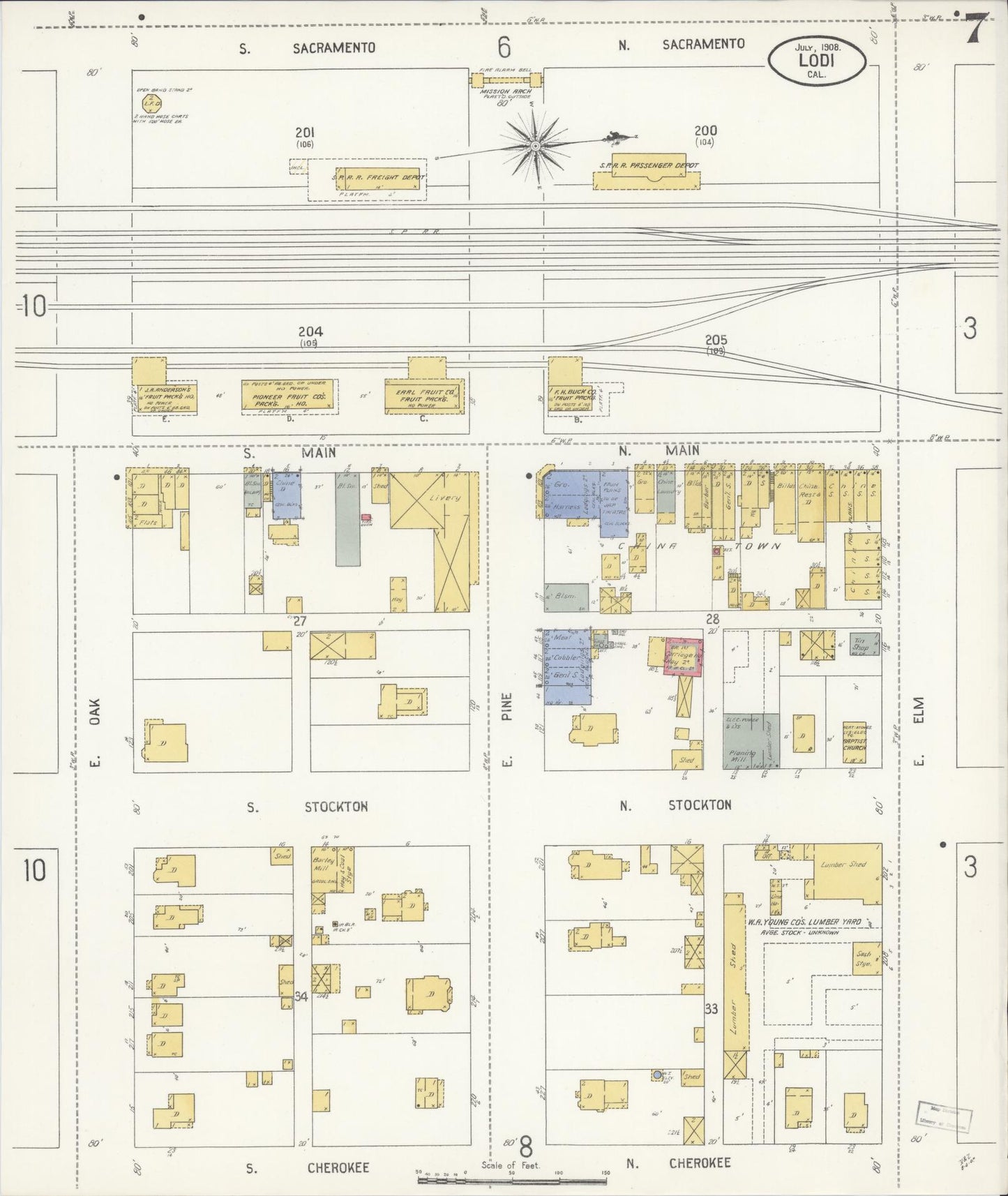 Sanborn Fire Insurance Map from Lodi, San Joaquin County, California (1908), Sheet #0007 - Historic Sanborn Fire Insurance Map Print, vintage old map wall art, antique decor, genealogy gift, California California map