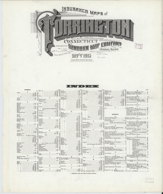 Sanborn Fire Insurance Map from Torrington, Litchfield County, Connecticut (1915), Sheet #0001 - Historic Sanborn Fire Insurance Map Print, vintage old map wall art, antique decor, genealogy gift, Connecticut Connecticut map