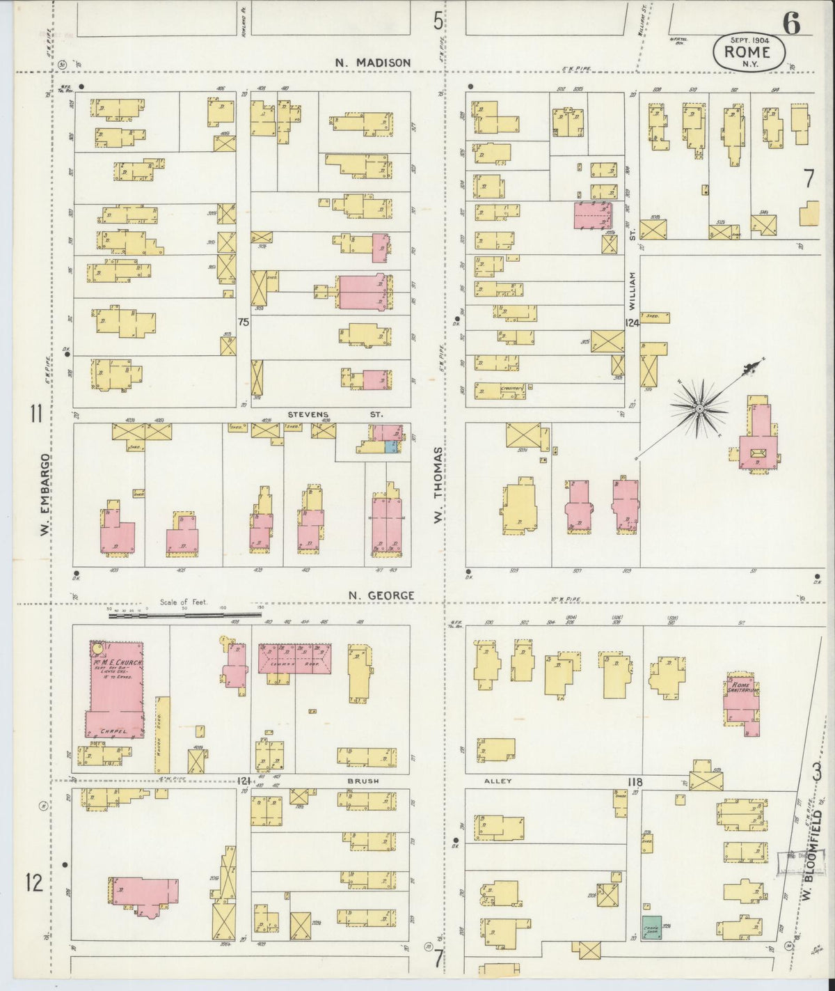 Sanborn Fire Insurance Map from Rome, Oneida County, New York (1904), Sheet #0006 - Historic Sanborn Fire Insurance Map Print, vintage old map wall art, antique decor, genealogy gift, New York New York map
