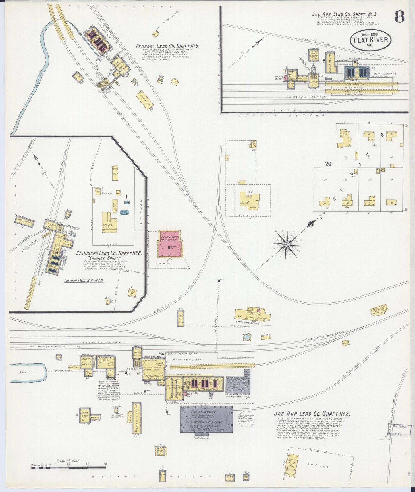 Sanborn Fire Insurance Map from Flat River, Saint Francois County, Missouri (1908), Sheet #0008 - Historic Sanborn Fire Insurance Map Print, vintage old map wall art, antique decor, genealogy gift, Missouri Missouri map