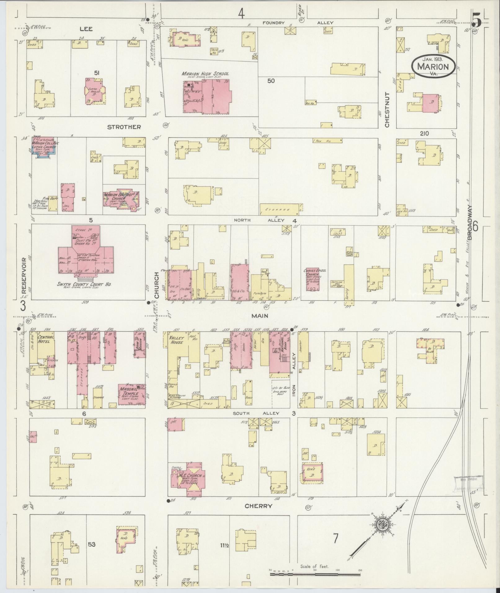 Sanborn Fire Insurance Map from Marion, Smyth County, Virginia (1913), Sheet #0005 - Historic Sanborn Fire Insurance Map Print, vintage old map wall art, antique decor, genealogy gift, Virginia Virginia map