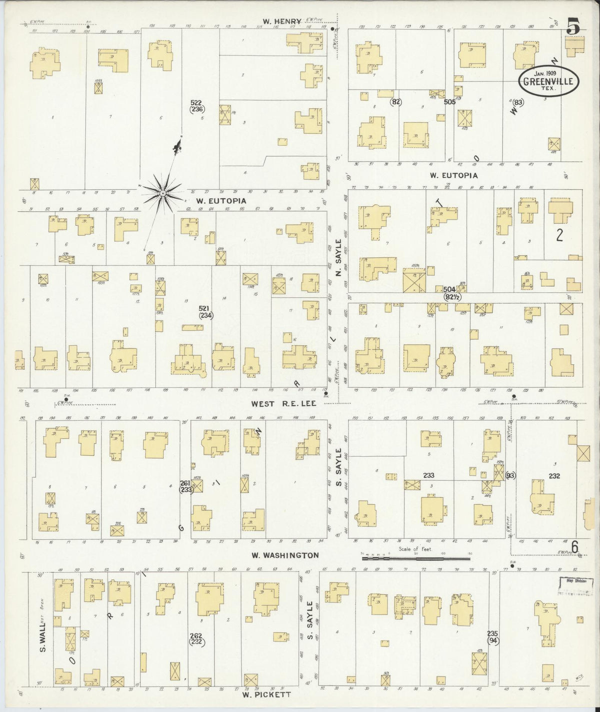 Sanborn Fire Insurance Map from Greenville, Hunt County, Texas (1909), Sheet #0005 - Complete Map Set gallery image, historic Sanborn map, vintage wall art, Texas Texas