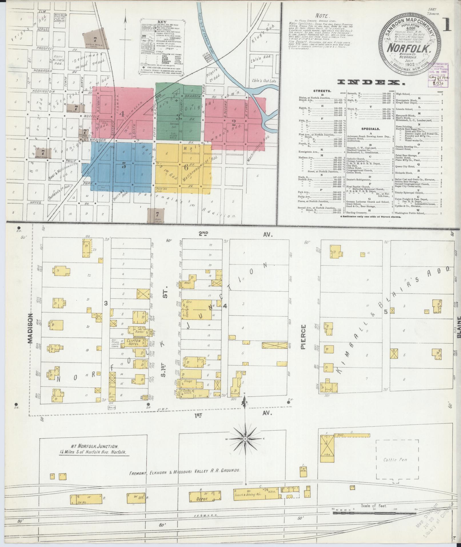 Sanborn Fire Insurance Map from Norfolk, Madison County, Nebraska (1902), Sheet #0001 - Historic Sanborn Fire Insurance Map Print, vintage old map wall art, antique decor, genealogy gift, Nebraska Nebraska map