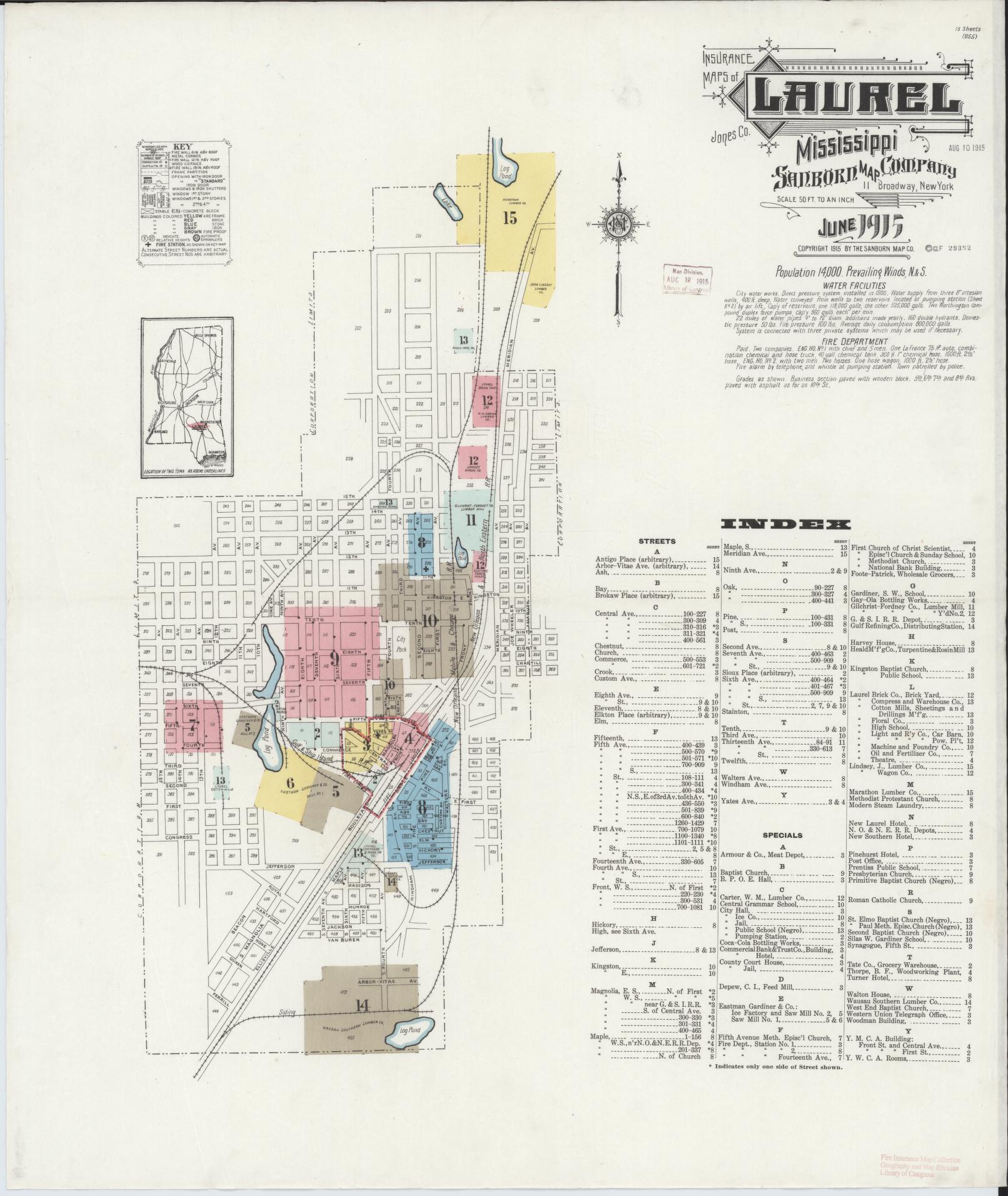 Sanborn Fire Insurance Map from Laurel, Jones County, Mississippi (1915), Sheet #0001 - Complete Map Set gallery image, historic Sanborn map, vintage wall art, Mississippi Mississippi