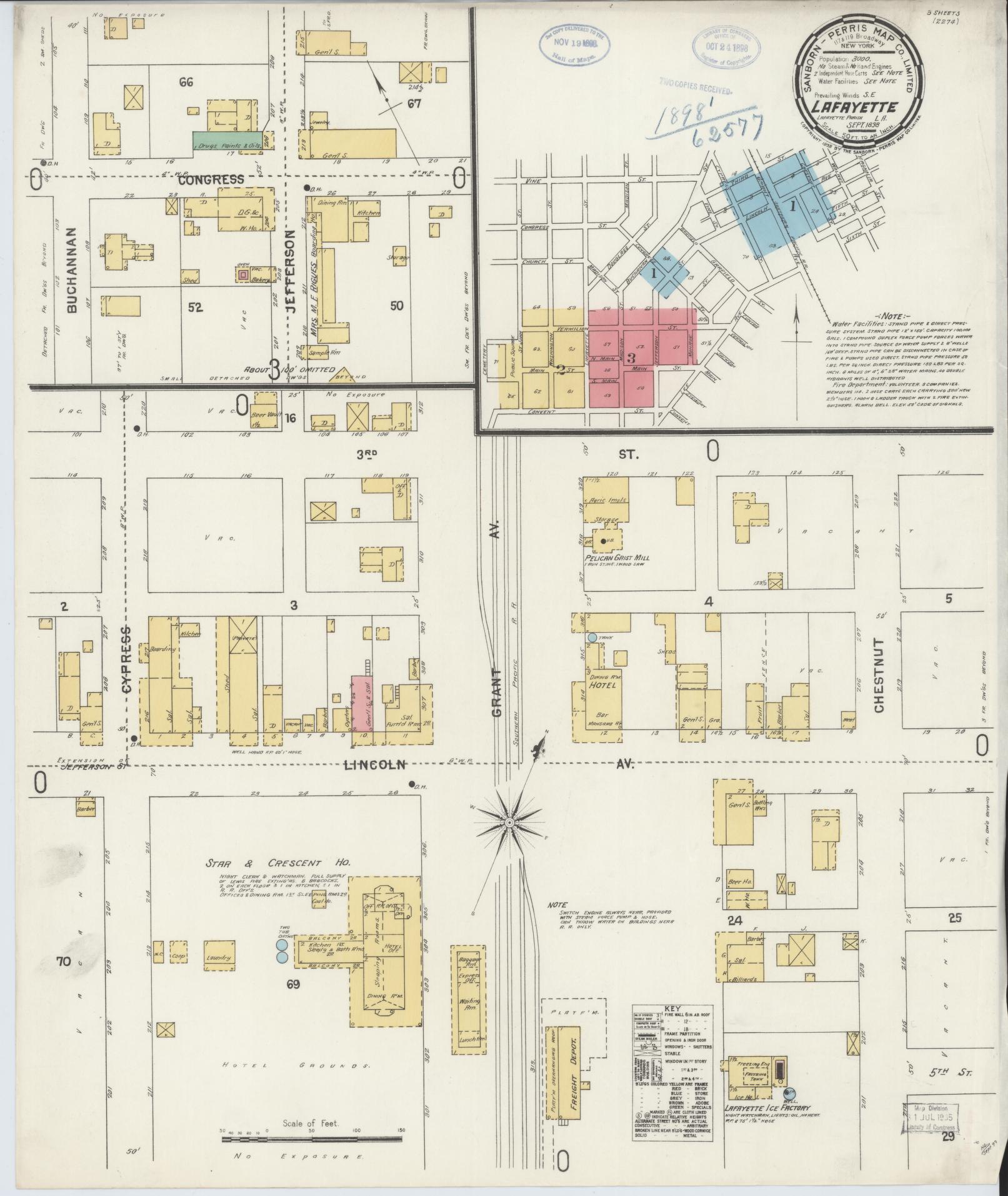 Sanborn Fire Insurance Map from Lafayette, Lafayette Parish, Louisiana (1898), Sheet #0001 - Historic Sanborn Fire Insurance Map Print, vintage old map wall art, antique decor, genealogy gift, Louisiana Louisiana map