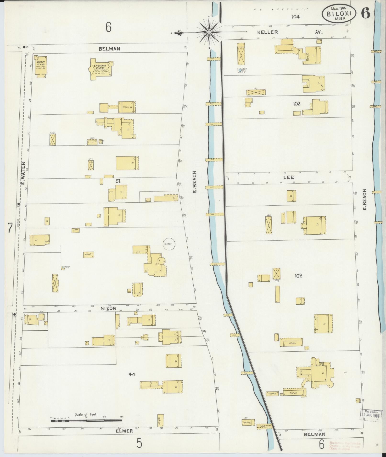 Sanborn Fire Insurance Map from Biloxi, Harrison County, Mississippi (1904), Sheet #0006 - Historic Sanborn Fire Insurance Map Print, vintage old map wall art, antique decor, genealogy gift, Mississippi Mississippi map