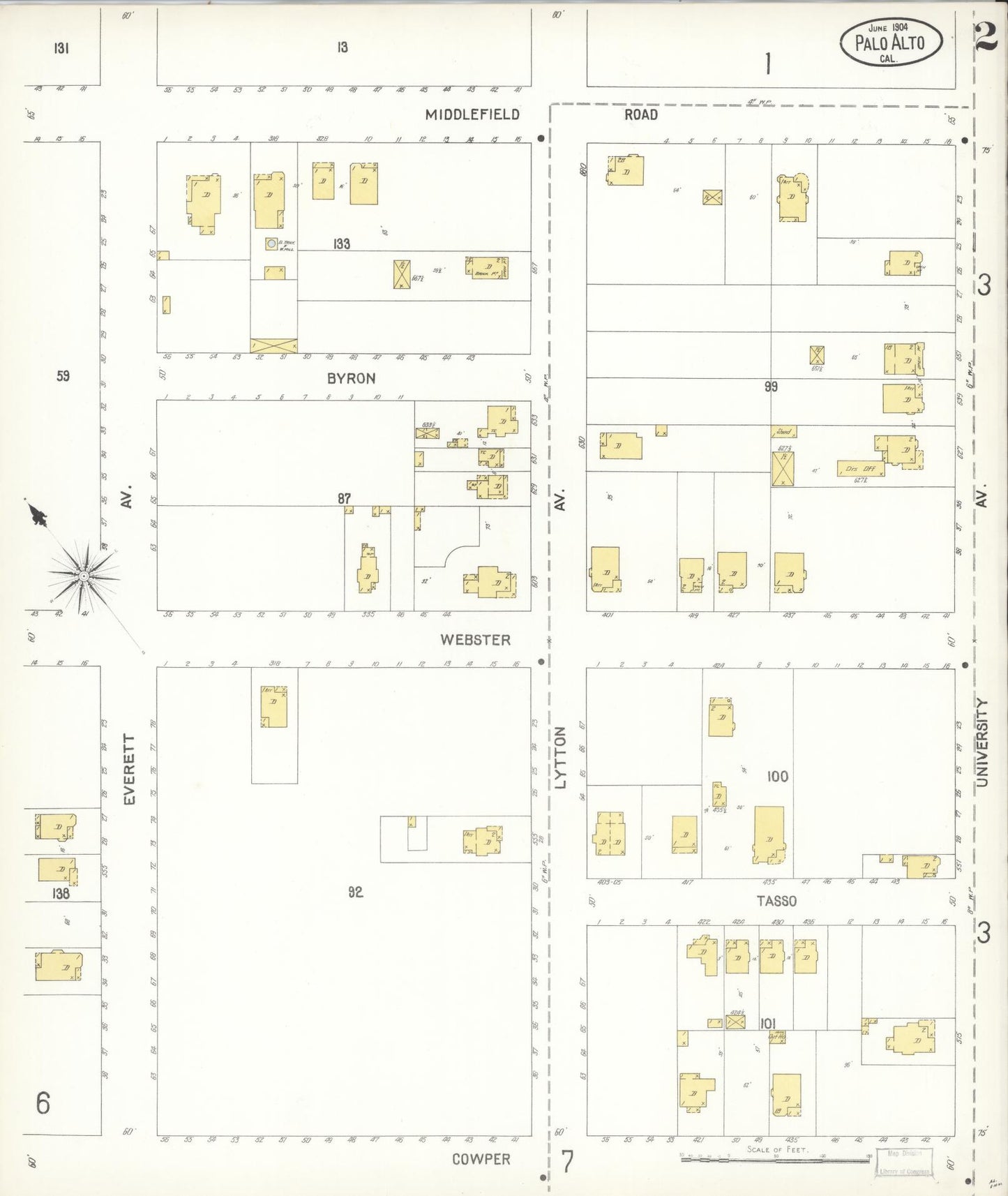 Sanborn Fire Insurance Map from Palo Alto, Santa Clara County, California (1904), Sheet #0002 - Complete Map Set gallery image, historic Sanborn map, vintage wall art, California California