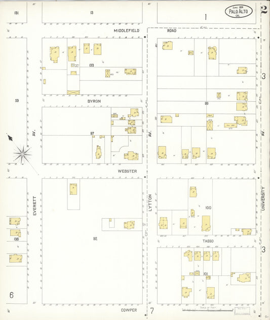 Sanborn Fire Insurance Map from Palo Alto, Santa Clara County, California (1904), Sheet #0002 - Complete Map Set gallery image, historic Sanborn map, vintage wall art, California California