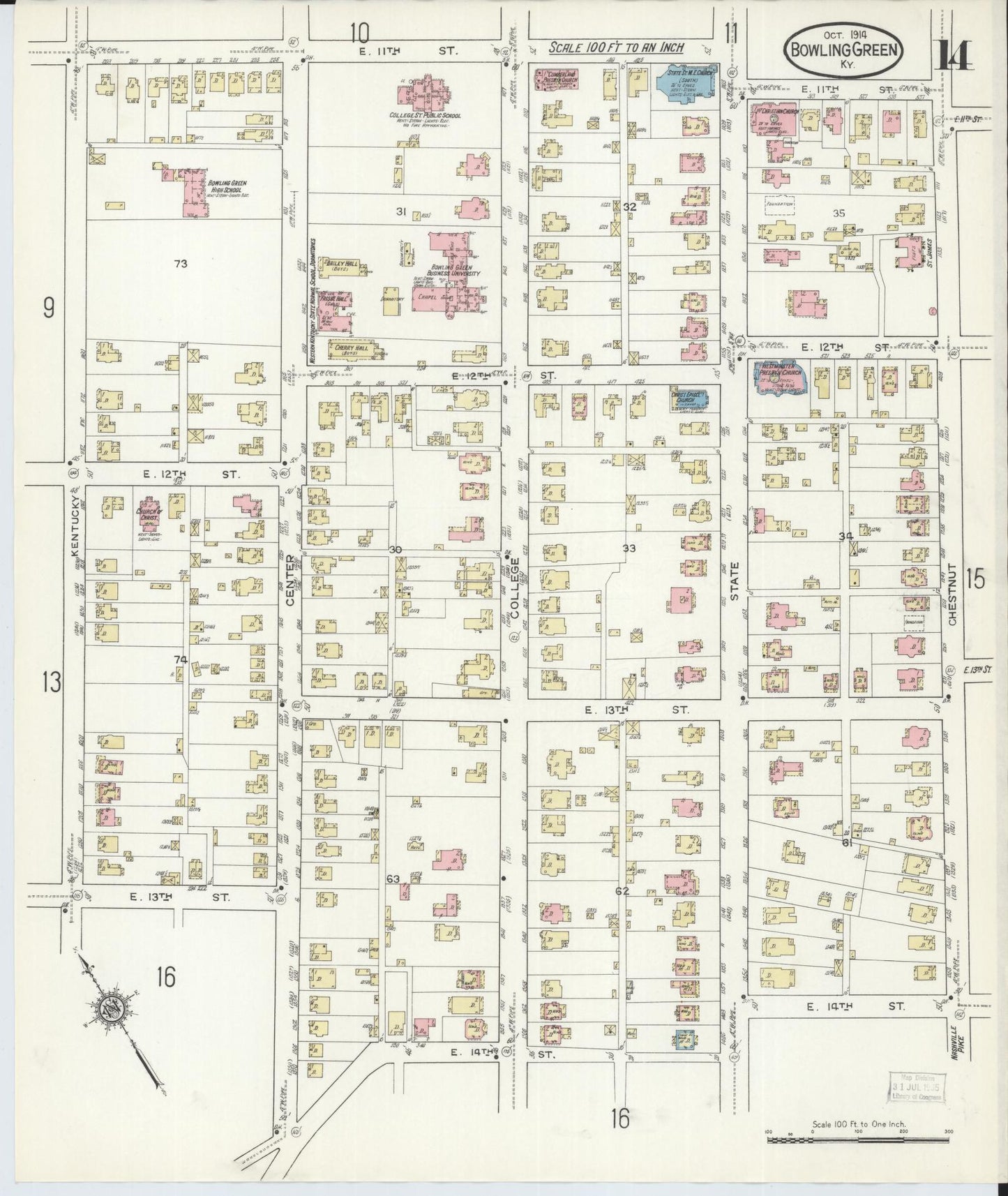 Sanborn Fire Insurance Map from Bowling Green, Warren County, Kentucky (1914), Sheet #0014 - Historic Sanborn Fire Insurance Map Print, vintage old map wall art, antique decor, genealogy gift, Kentucky Kentucky map