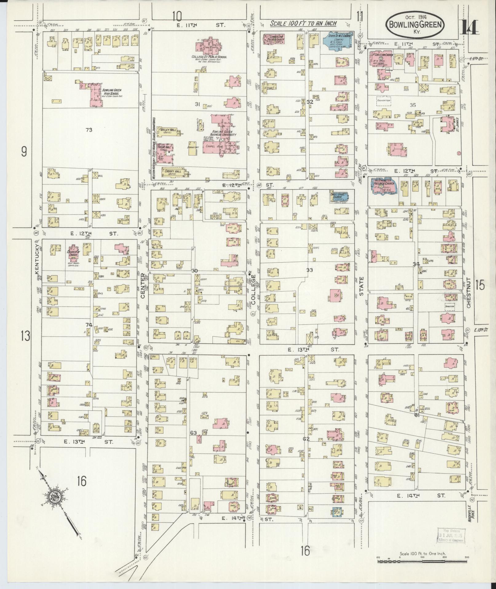 Sanborn Fire Insurance Map from Bowling Green, Warren County, Kentucky (1914), Sheet #0014 - Historic Sanborn Fire Insurance Map Print, vintage old map wall art, antique decor, genealogy gift, Kentucky Kentucky map