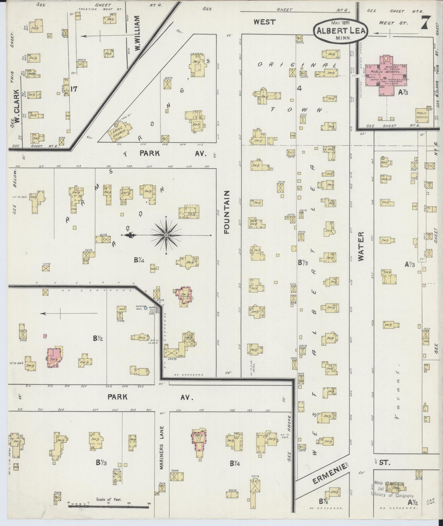 Sanborn Fire Insurance Map from Albert Lea, Freeborn County, Minnesota (1891), Sheet #0007 - Historic Sanborn Fire Insurance Map Print, vintage old map wall art, antique decor, genealogy gift, Minnesota Minnesota map