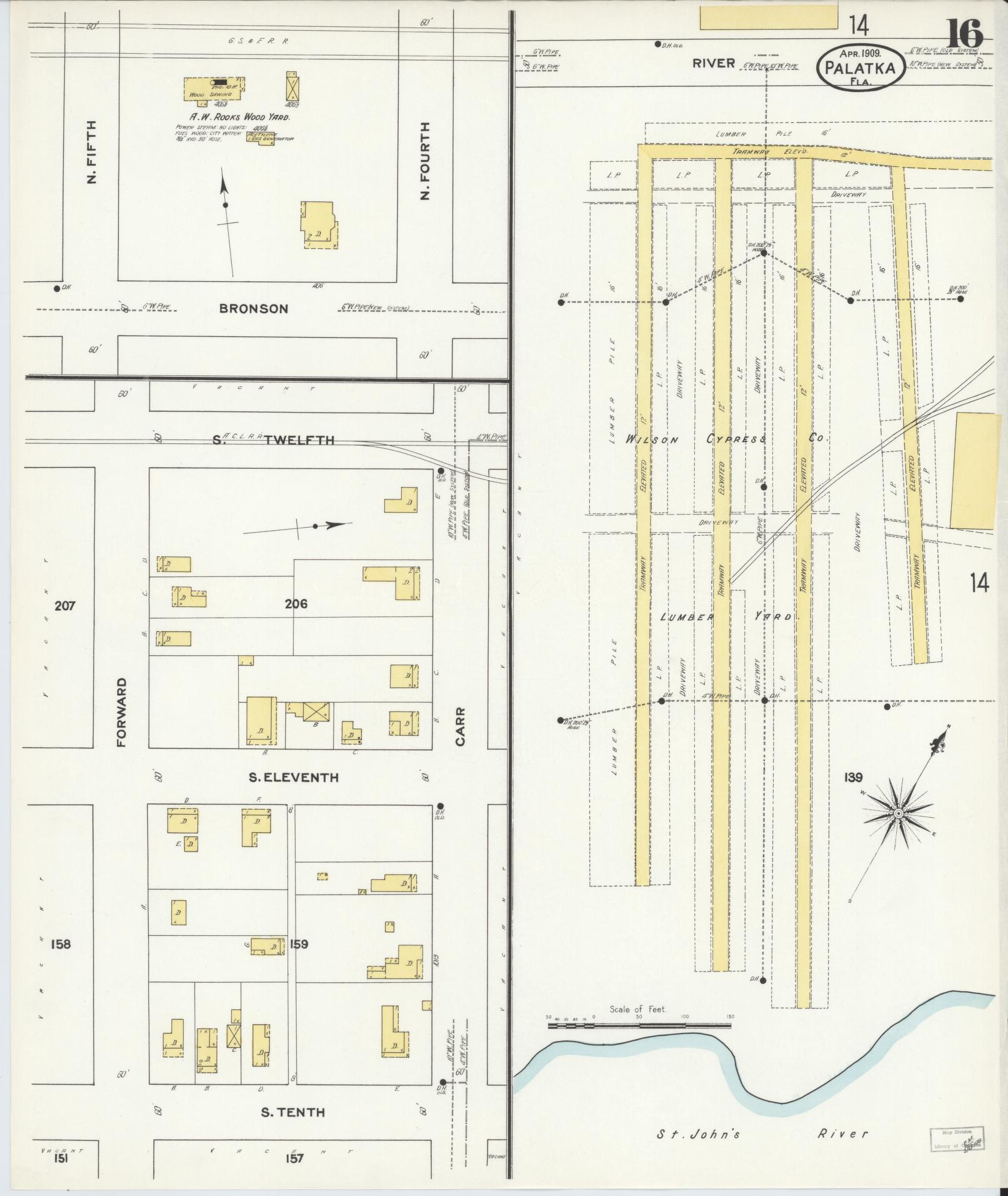 Sanborn Fire Insurance Map from Palatka, Putnam County, Florida (1909), Sheet #0016 - Historic Sanborn Fire Insurance Map Print, vintage old map wall art, antique decor, genealogy gift, Florida Florida map