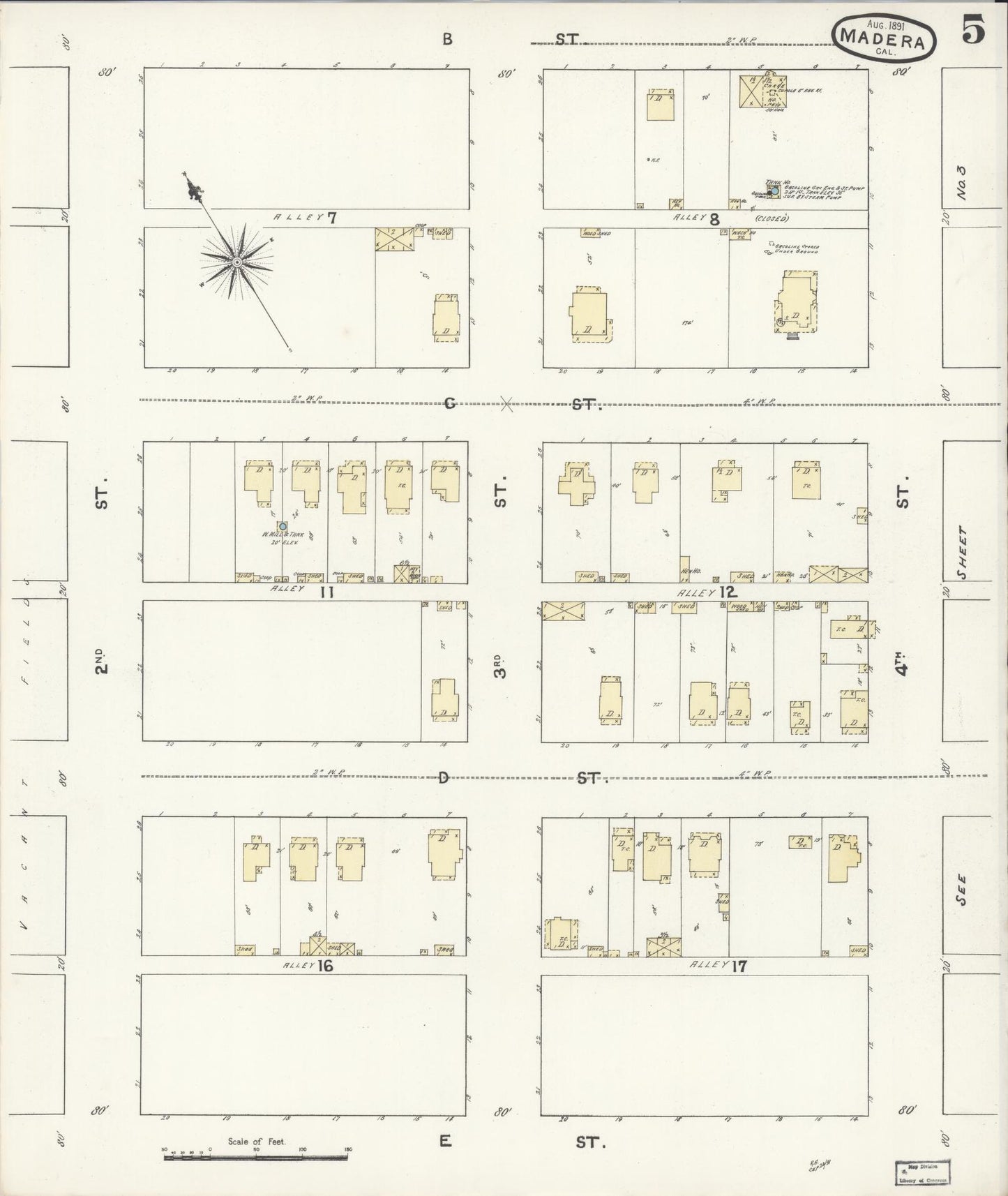 Sanborn Fire Insurance Map from Madera, Madera County, California (1891), Sheet #0005 - Historic Sanborn Fire Insurance Map Print, vintage old map wall art, antique decor, genealogy gift, California California map