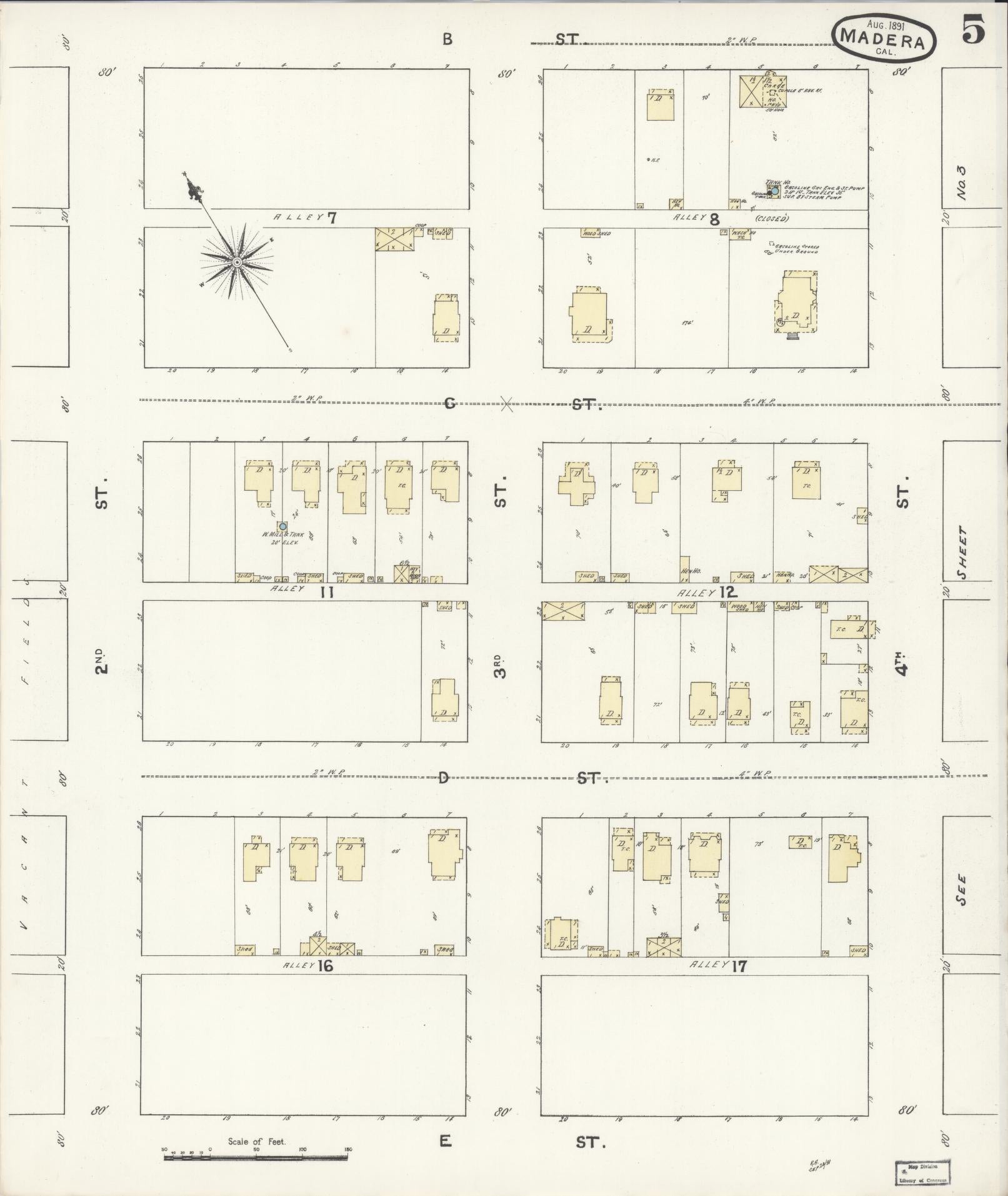 Sanborn Fire Insurance Map from Madera, Madera County, California (1891), Sheet #0005 - Historic Sanborn Fire Insurance Map Print, vintage old map wall art, antique decor, genealogy gift, California California map