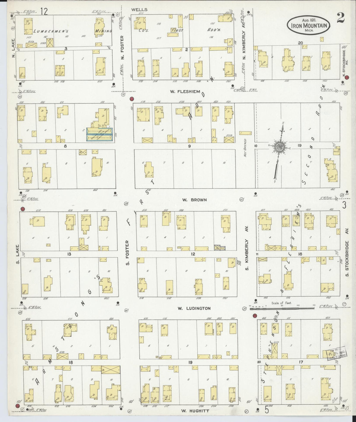 Sanborn Fire Insurance Map from Iron Mountain, Dickinson County, Michigan (1911), Sheet #0002 - Historic Sanborn Fire Insurance Map Print, vintage old map wall art, antique decor, genealogy gift, Michigan Michigan map