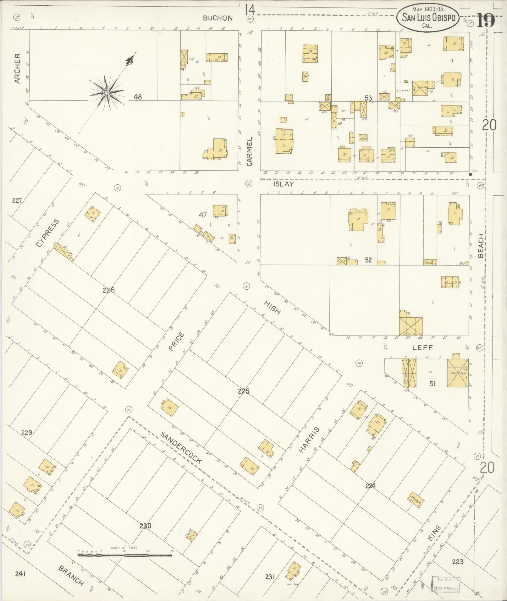 Sanborn Fire Insurance Map from San Luis Obispo, San Luis Obispo County, California (1905), Sheet #0019 - Complete Map Set gallery image, historic Sanborn map, vintage wall art, California California