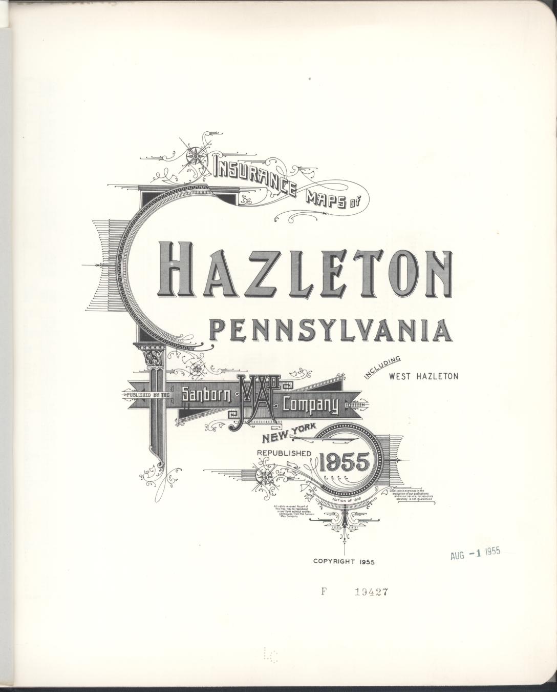 Sanborn Fire Insurance Map from Hazleton, Luzerne County, Pennsylvania (1955), Sheet #0001 - Historic Sanborn Fire Insurance Map Print, vintage old map wall art, antique decor, genealogy gift, Pennsylvania Pennsylvania map