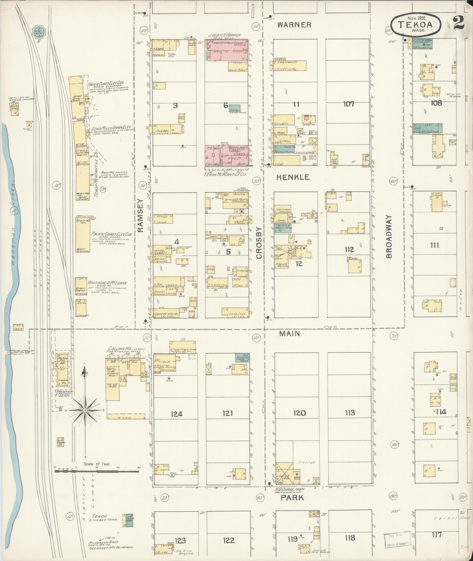 Sanborn Fire Insurance Map from Tekoa, Whitman County, Washington (1892), Sheet #0002 - Historic Sanborn Fire Insurance Map Print, vintage old map wall art, antique decor, genealogy gift, Washington Washington map