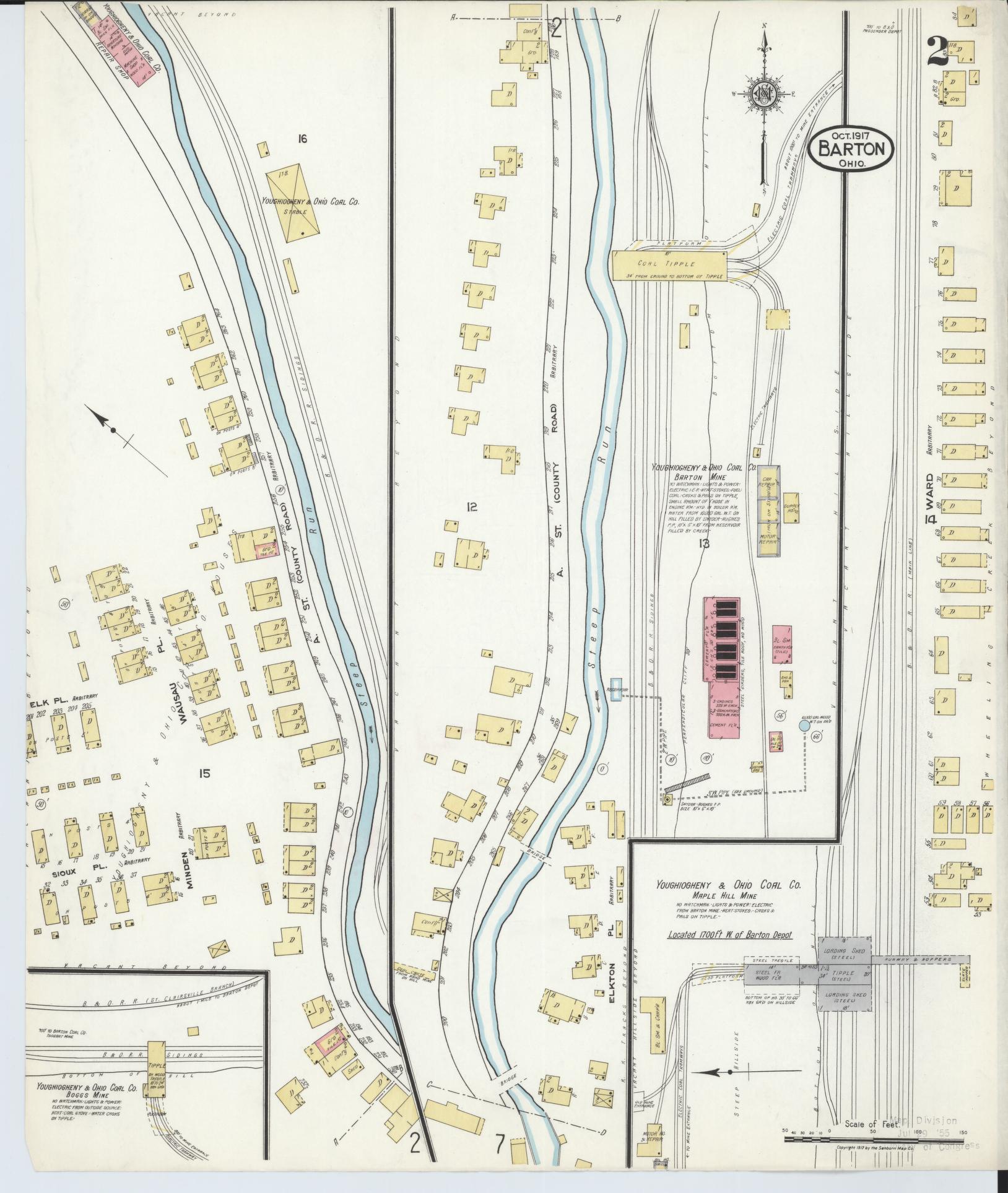 Sanborn Fire Insurance Map from Barton, Belmont County, Ohio (1917), Sheet #0002 - Historic Sanborn Fire Insurance Map Print, vintage old map wall art, antique decor, genealogy gift, Ohio Ohio map