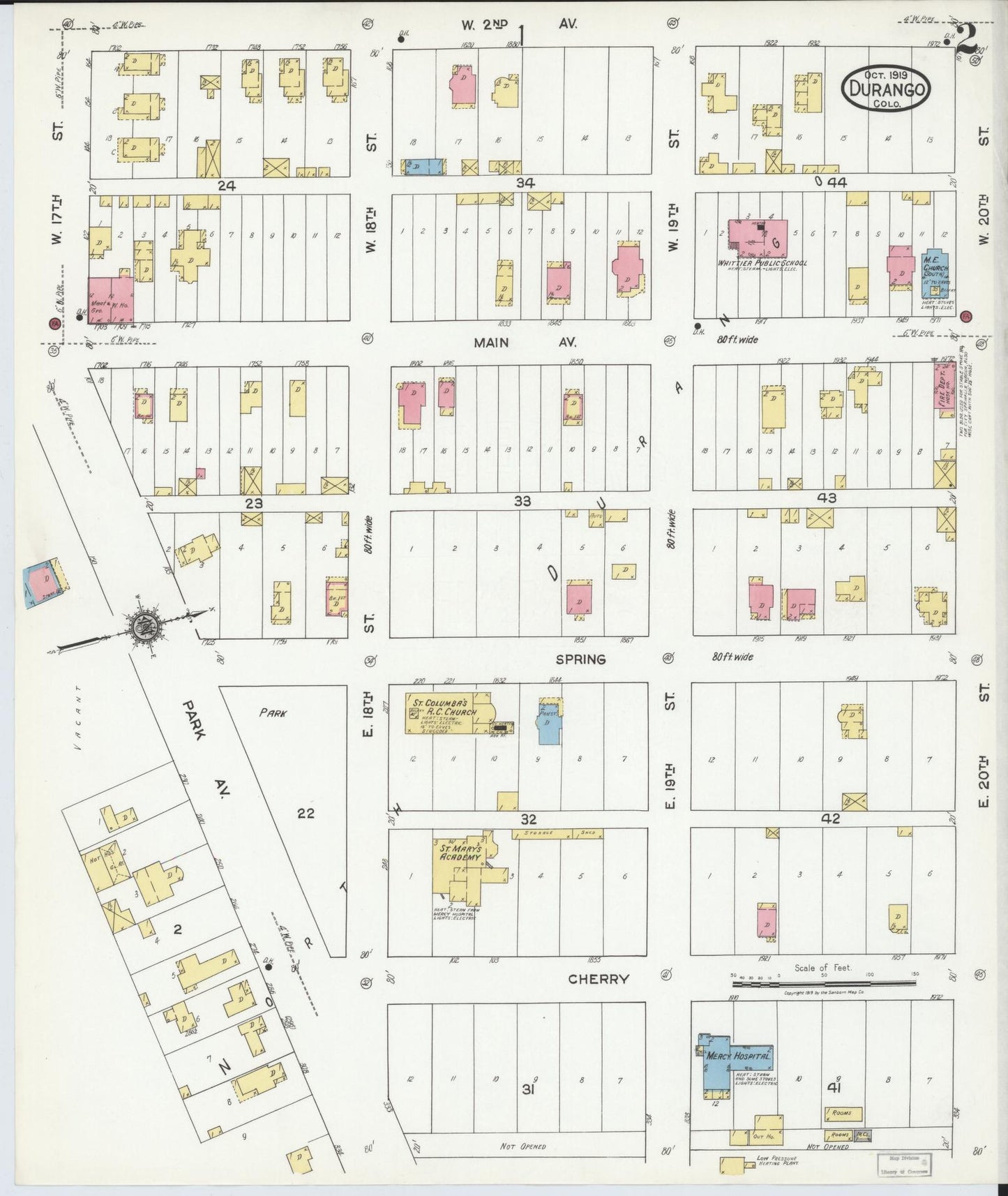 Sanborn Fire Insurance Map from Durango, La Plata County, Colorado (1919), Sheet #0002 - Historic Sanborn Fire Insurance Map Print, vintage old map wall art, antique decor, genealogy gift, Colorado Colorado map