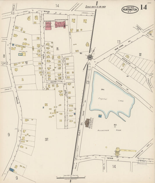 Sanborn Fire Insurance Map from Huntington, Suffolk County, New York (1922), Sheet #0014 - Historic Sanborn Fire Insurance Map Print, vintage old map wall art, antique decor, genealogy gift, New York New York map