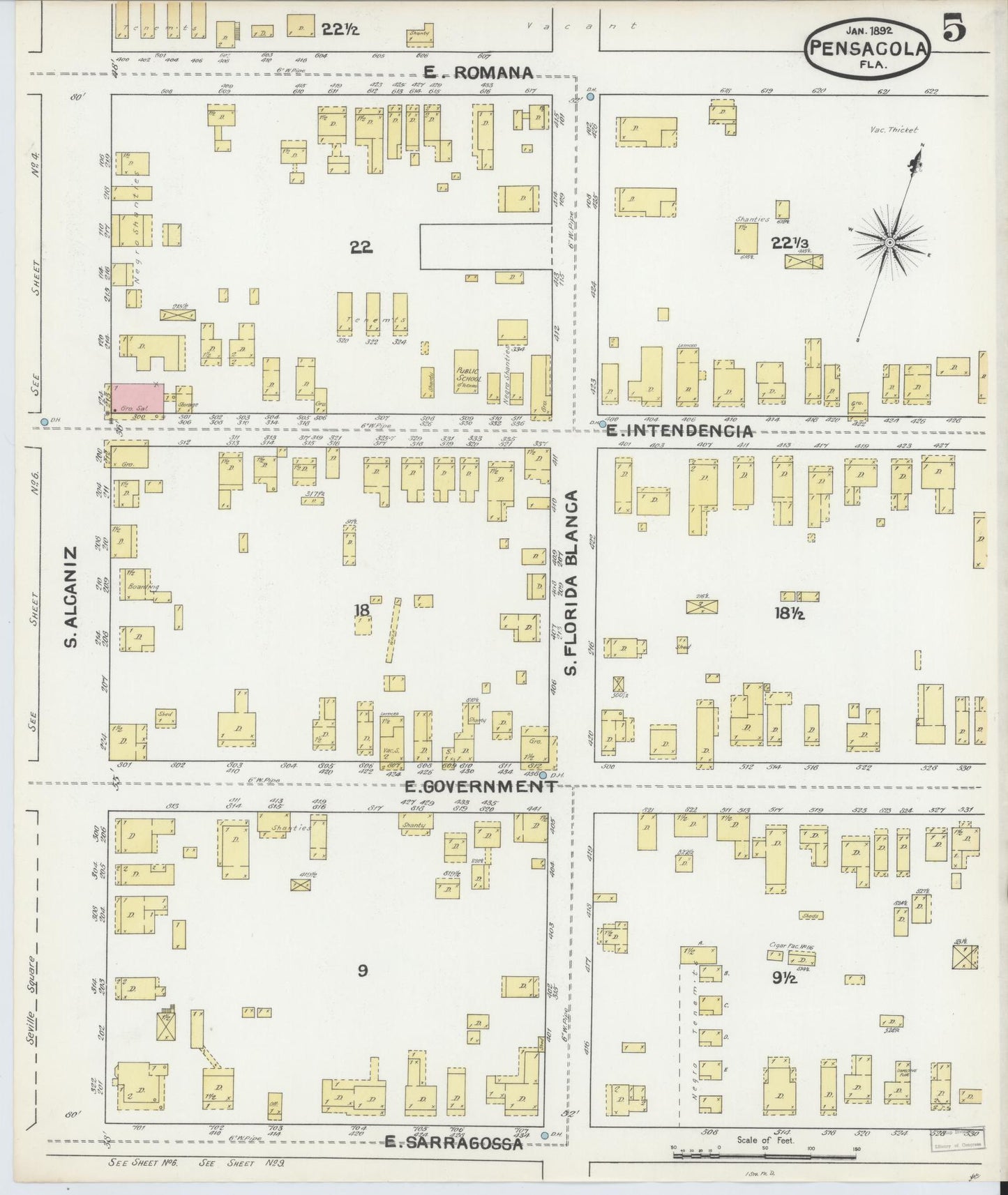Sanborn Fire Insurance Map from Pensacola, Escambia County, Florida (1892), Sheet #0005 - Historic Sanborn Fire Insurance Map Print, vintage old map wall art, antique decor, genealogy gift, Florida Florida map