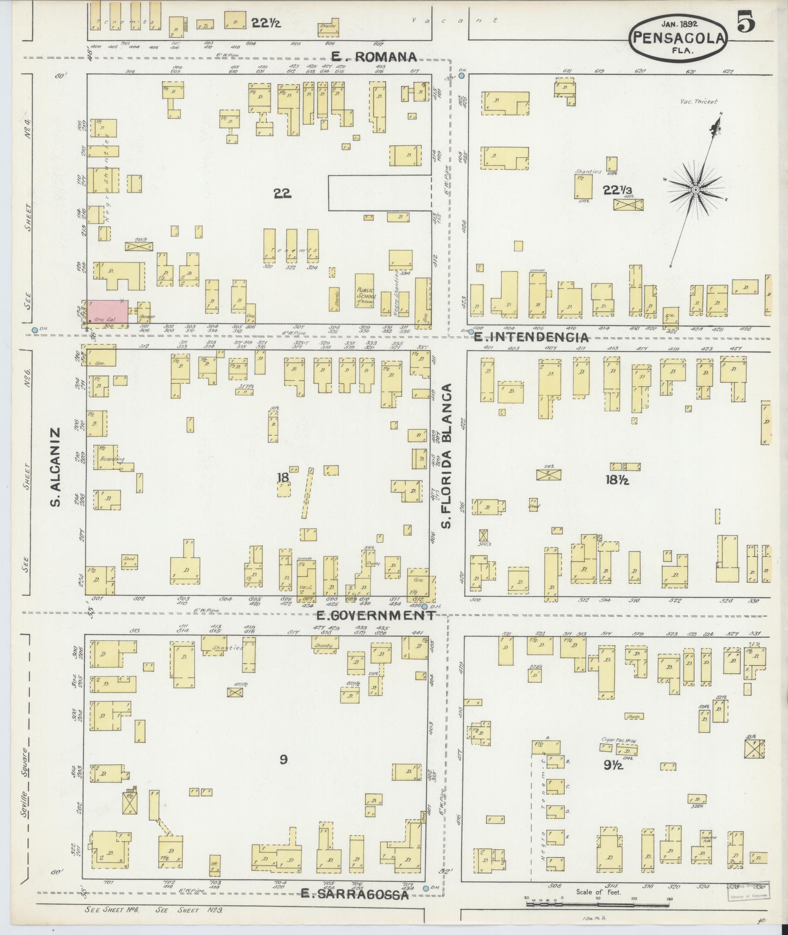 Sanborn Fire Insurance Map from Pensacola, Escambia County, Florida (1892), Sheet #0005 - Historic Sanborn Fire Insurance Map Print, vintage old map wall art, antique decor, genealogy gift, Florida Florida map