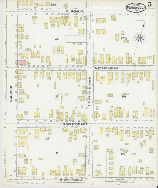 Sanborn Fire Insurance Map from Pensacola, Escambia County, Florida (1892), Sheet #0005 - Historic Sanborn Fire Insurance Map Print, vintage old map wall art, antique decor, genealogy gift, Florida Florida map