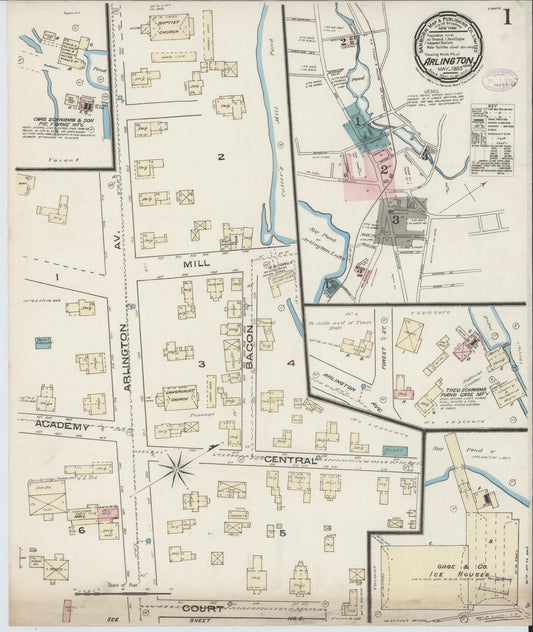 Sanborn Fire Insurance Map from Arlington, Middlesex County, Massachusetts (1885), Sheet #0001 - Historic Sanborn Fire Insurance Map Print, vintage old map wall art, antique decor, genealogy gift, Massachusetts Massachusetts map
