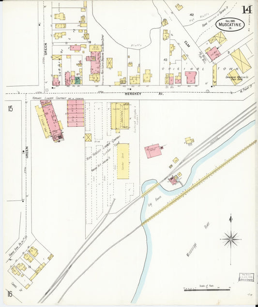 Sanborn Fire Insurance Map from Muscatine, Muscatine County, Iowa (1905), Sheet #0014 - Historic Sanborn Fire Insurance Map Print, vintage old map wall art