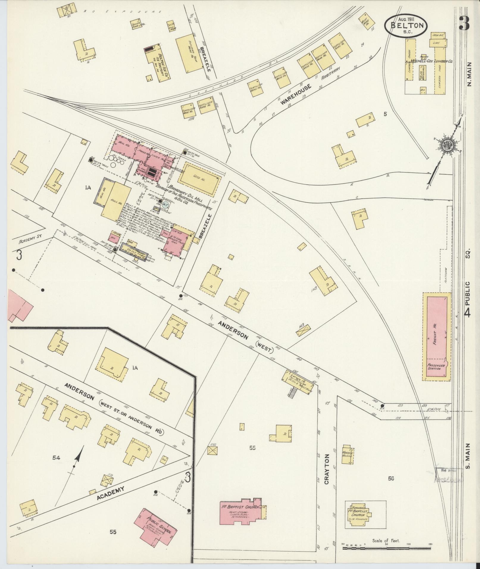 Sanborn Fire Insurance Map from Belton, Anderson County, South Carolina (1911), Sheet #0003 - Complete Map Set gallery image, historic Sanborn map, vintage wall art, South Carolina South Carolina