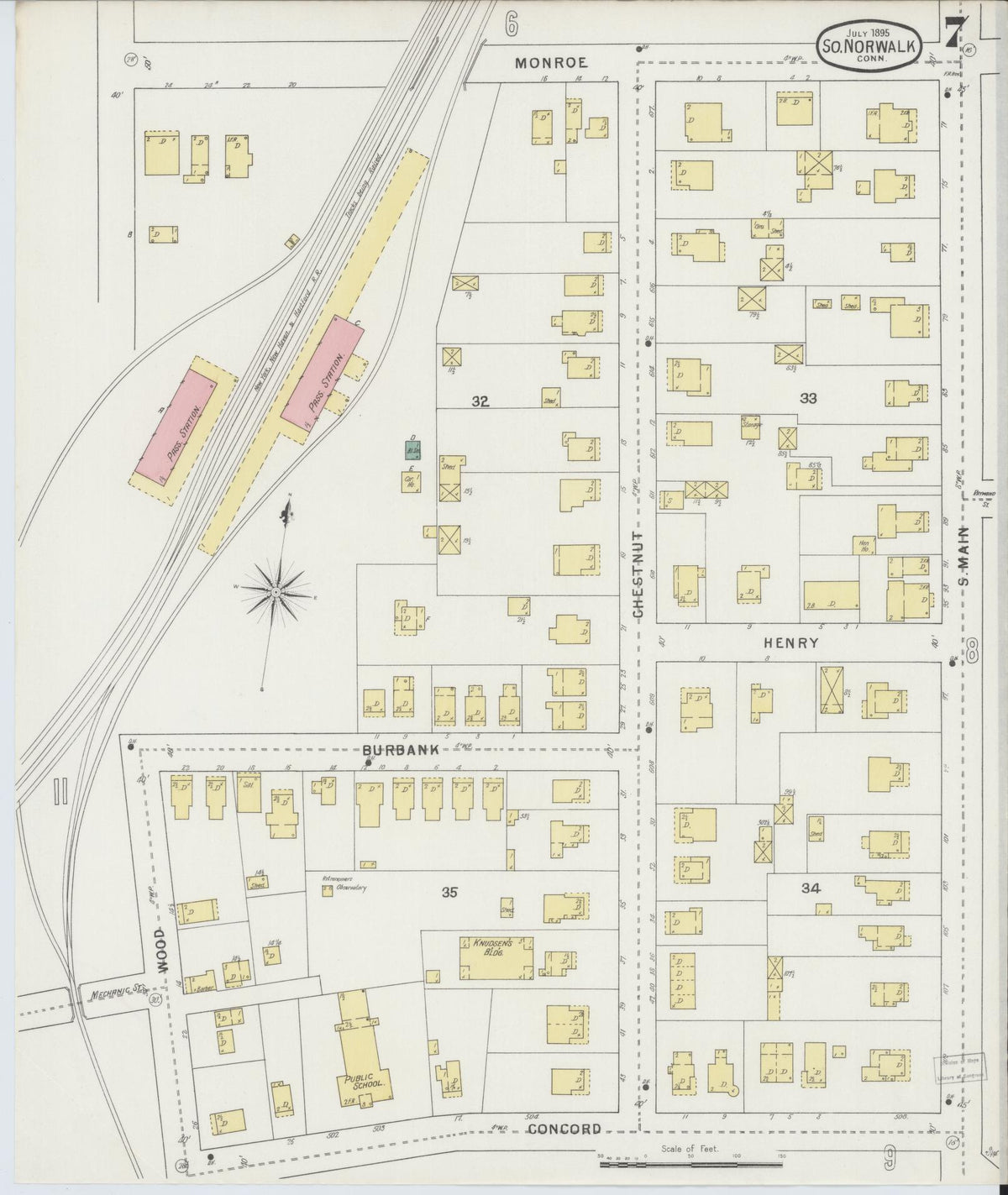 Sanborn Fire Insurance Map from South Norwalk, Fairfield County, Connecticut (1895), Sheet #0007 - Historic Sanborn Fire Insurance Map Print, vintage old map wall art, antique decor, genealogy gift, Connecticut Connecticut map