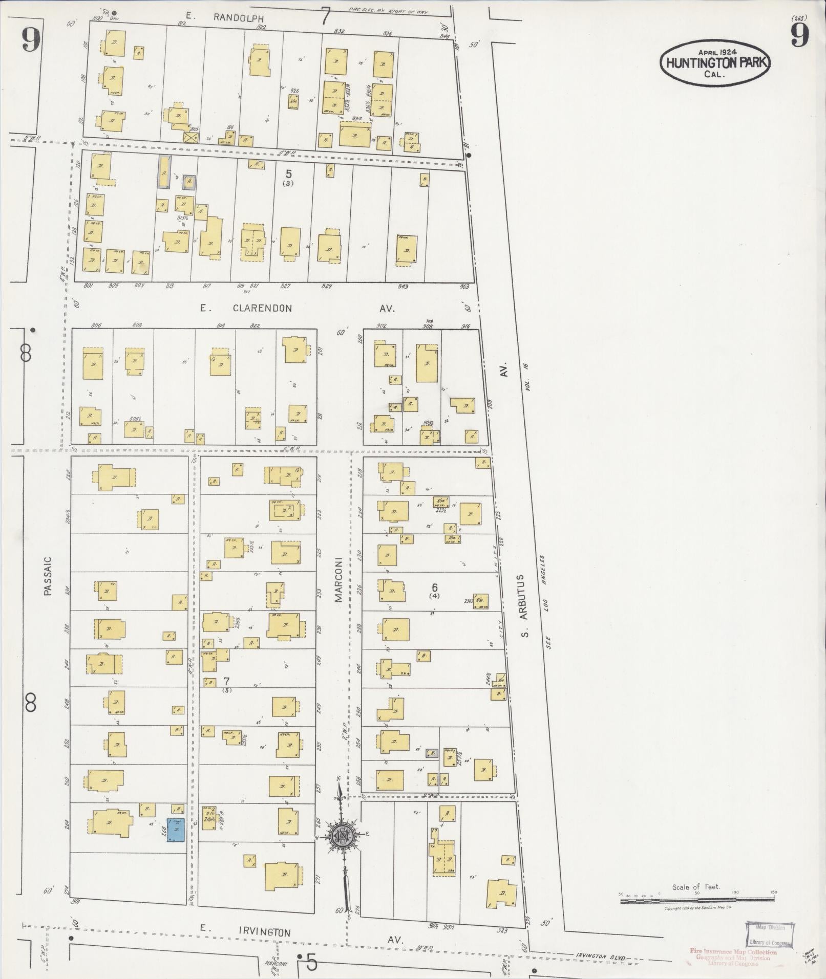 Sanborn Fire Insurance Map from Huntington Park, Los Angeles County, California (1924), Sheet #0009 - Historic Sanborn Fire Insurance Map Print, vintage old map wall art, antique decor, genealogy gift, California California map