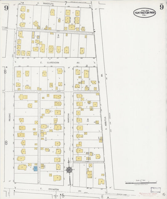 Sanborn Fire Insurance Map from Huntington Park, Los Angeles County, California (1924), Sheet #0009 - Historic Sanborn Fire Insurance Map Print, vintage old map wall art, antique decor, genealogy gift, California California map