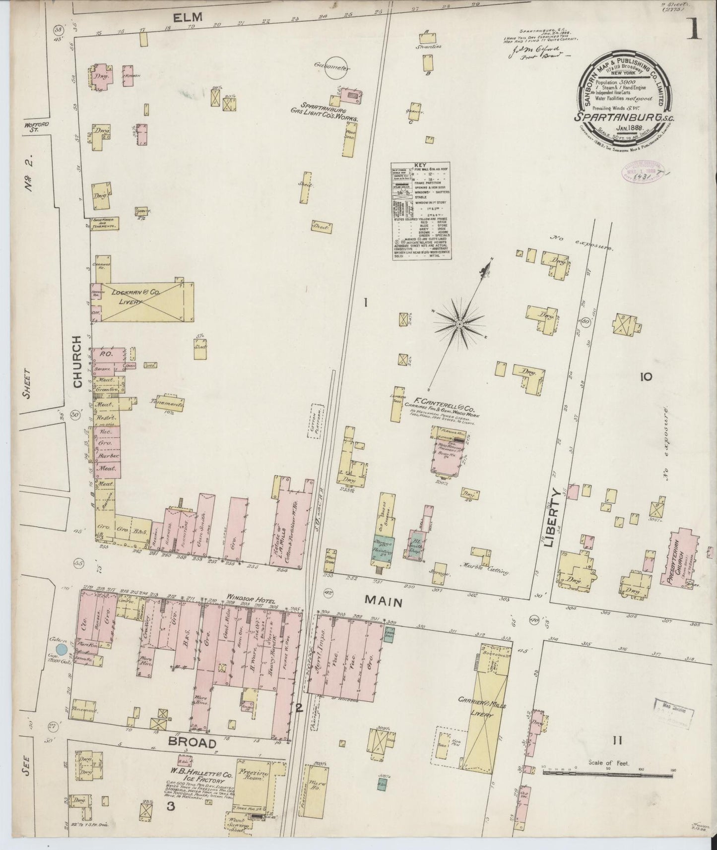 Sanborn Fire Insurance Map from Spartanburg, Spartanburg County, South Carolina (1888), Sheet #0001 - Complete Map Set gallery image, historic Sanborn map, vintage wall art, South Carolina South Carolina