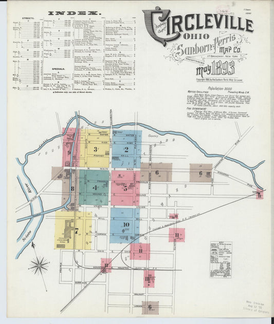 Sanborn Fire Insurance Map from Circleville, Pickaway County, Ohio (1893), Sheet #0001 - Historic Sanborn Fire Insurance Map Print, vintage old map wall art, antique decor, genealogy gift, Ohio Ohio map